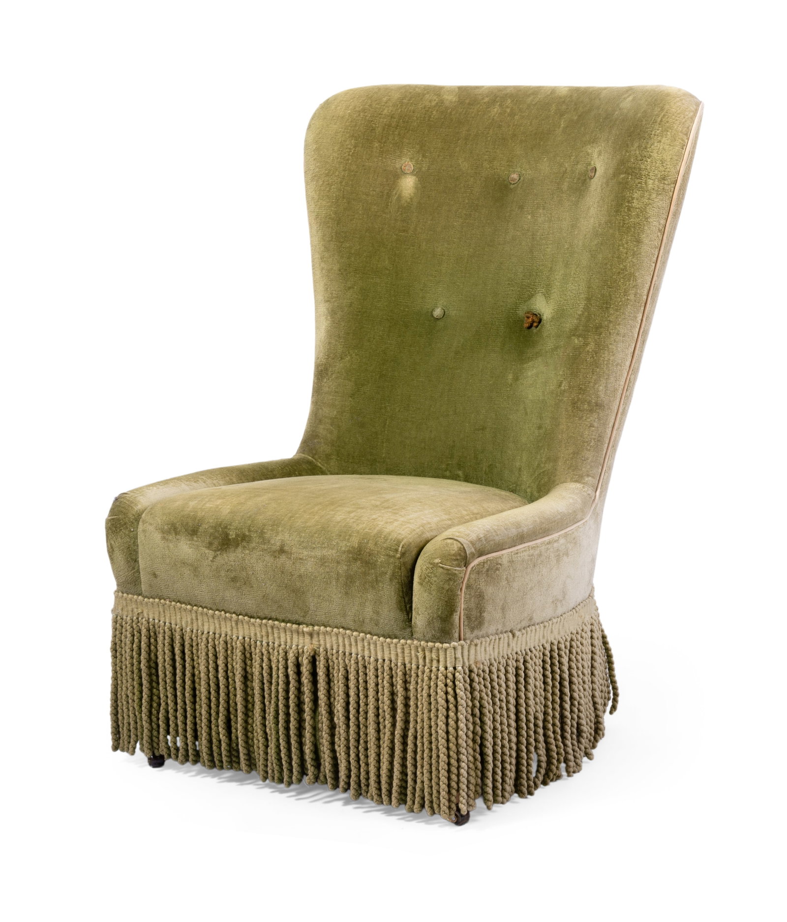 A GREEN VELVET BUTTON BACK ‘FRIARS’ CHAIR, BY SIBYL COLEFAX & JOHN FOWLER, SECOND HALF 2: A GREEN VELVET BUTTON BACK ‘FRIARS’ CHAIR BY SIBYL COLEFAX & JOHN FOWLER, POSSIBLY A PROTOTYPE, SECOND HALF 20TH CENTURY With a bullion fringe 90cm high, 58cm wide, 64cm deep
