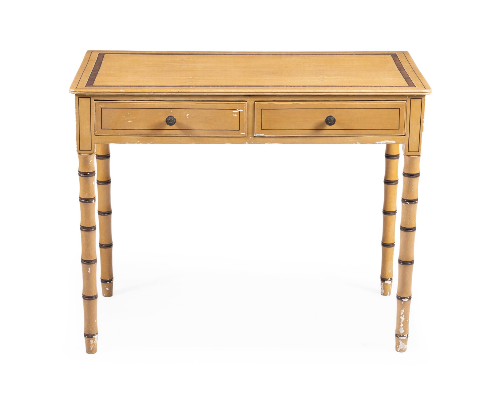A REGENCY PAINTED FAUX BAMBOO SIDE TABLE, EARLY 19TH CENTURY: A REGENCY PAINTED FAUX BAMBOO SIDE TABLE EARLY 19TH CENTURY With two drawers 73cm high, 91cm wide, 50cm deep Condition Report: With wear, marks, knocks and scratches as per age, handling, use, and