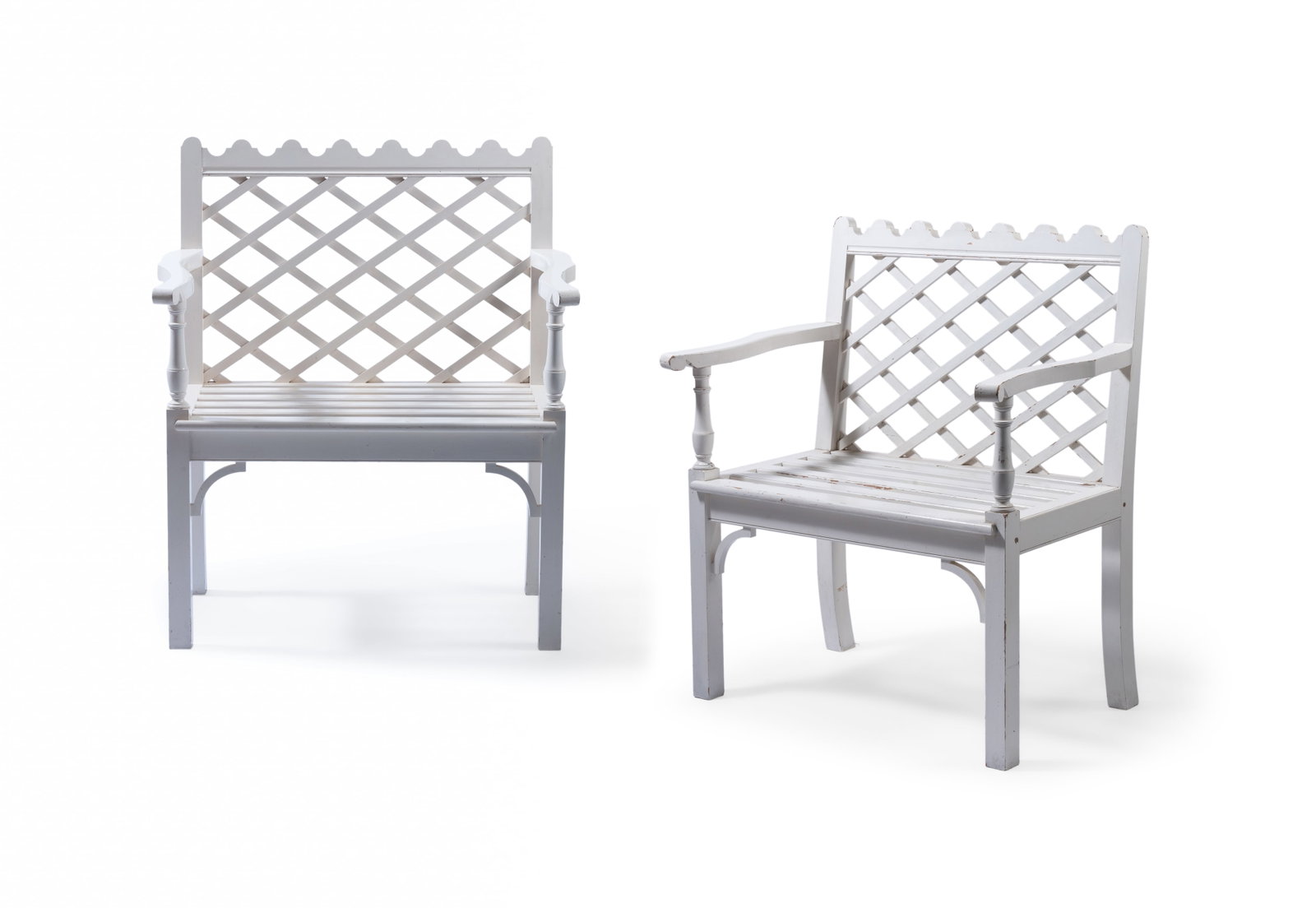A PAIR OF LATTICE BACK GARDEN ARMCHAIRS, BY SIBYL COLEFAX & JOHN FOWLER, LATE 20TH CENTURY: A PAIR OF LATTICE BACK GARDEN ARMCHAIRS BY SIBYL COLEFAX & JOHN FOWLER, LATE 20TH CENTURY 96cm high, 84cm wide, 51cm deep Condition Report Disclaimer
