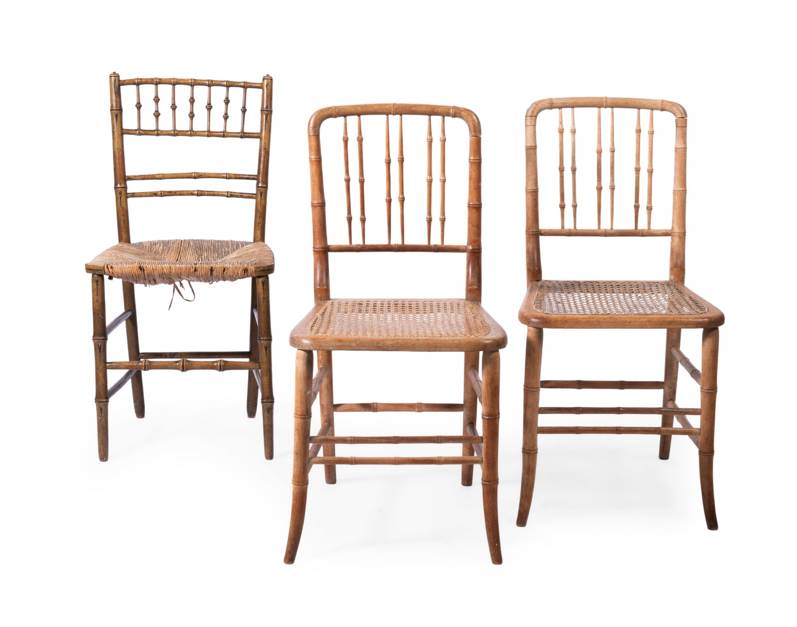A PAIR OF BEECH FAUX BAMBOO SIDE CHAIRS, ENGLISH, 19TH CENTURY, TOGETHER WITH A SIMILAR SIDE CHAIR (1 of 1)