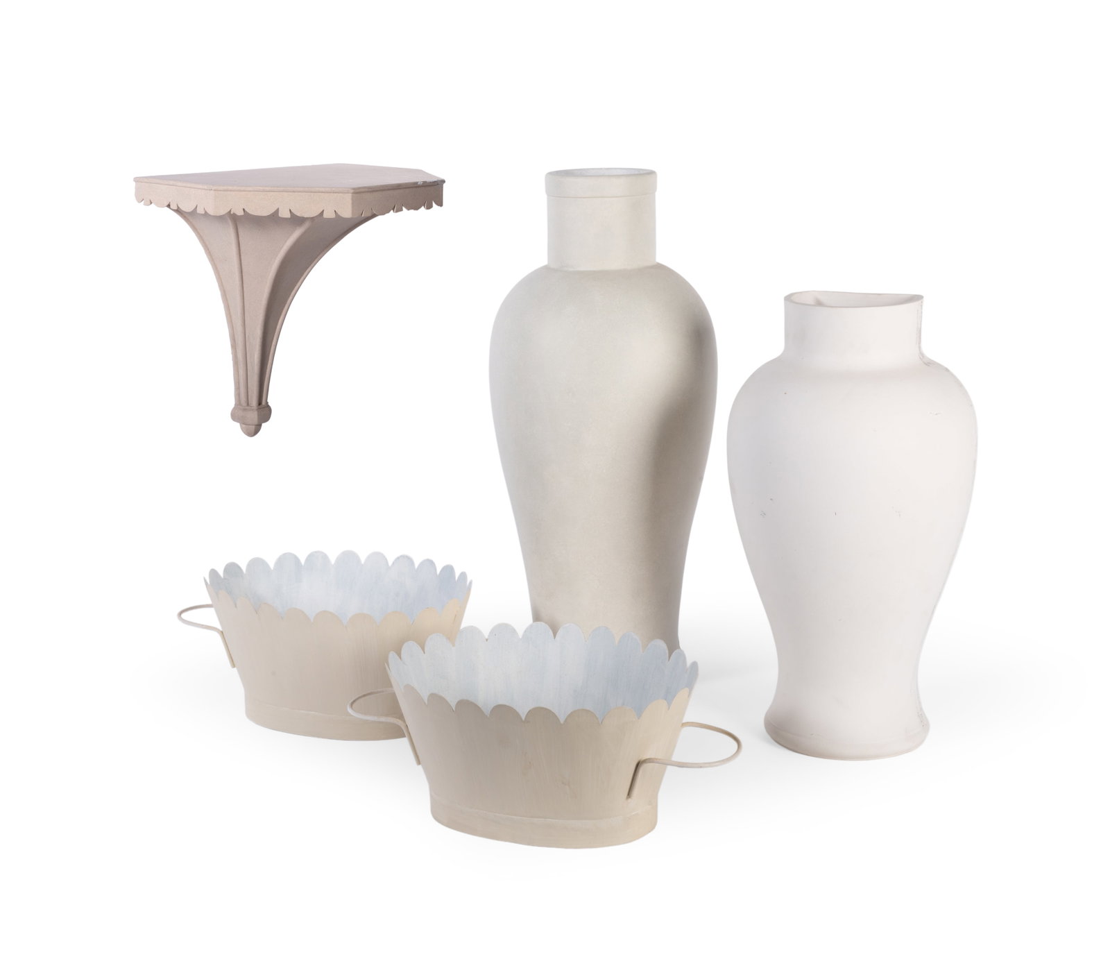A PAIR OF TOLE PLANTERS, BY GEORGE OAKES FOR SIBYL COLEFAX & JOHN FOWLER, AND THREE FURTHER ITEMS: A PAIR OF UNFINISHED WHITE PAINTED TOLE PLANTERS BY GEORGE OAKES FOR SIBYL COLEFAX & JOHN FOWLER, MODERN 22.5cm high, 40cm wide Together with two unfinished white painted pottery urns, the taller
