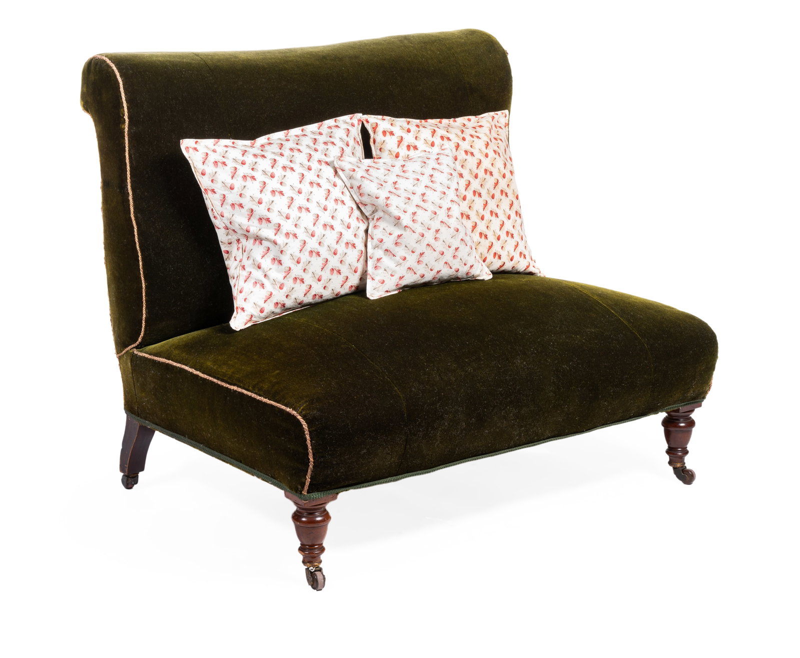 A VICTORIAN MAHOGANY SMALL SOFA, SECOND HALF 19TH CENTURY: A VICTORIAN MAHOGANY SMALL SOFA SECOND HALF 19TH CENTURY Possibly a Colefax & Fowler prototype, upholstered in green velvet 90cm high, 103cm wide, 72cm deep