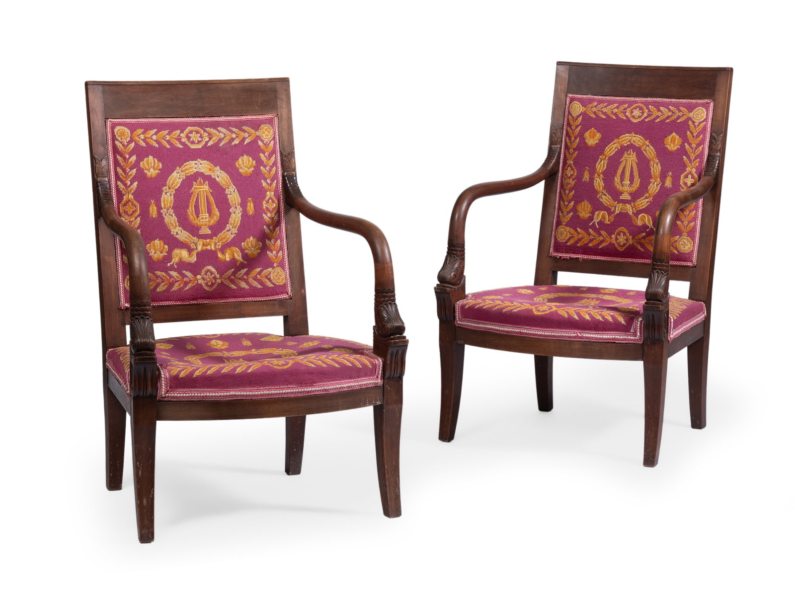 A PAIR OF MAHOGANY FAUTEUILS, IN FRENCH RESTORATION STYLE, 20TH CENTURY: A PAIR OF MAHOGANY FAUTEUILS IN FRENCH RESTORATION STYLE, 20TH CENTURY 94cm high, 63cm wide, 57cm deep Provenance: Lawrences, 23 April 2021, lot 1759 Condition Report: PLEASE NOTE: ALL LOTS ARE
