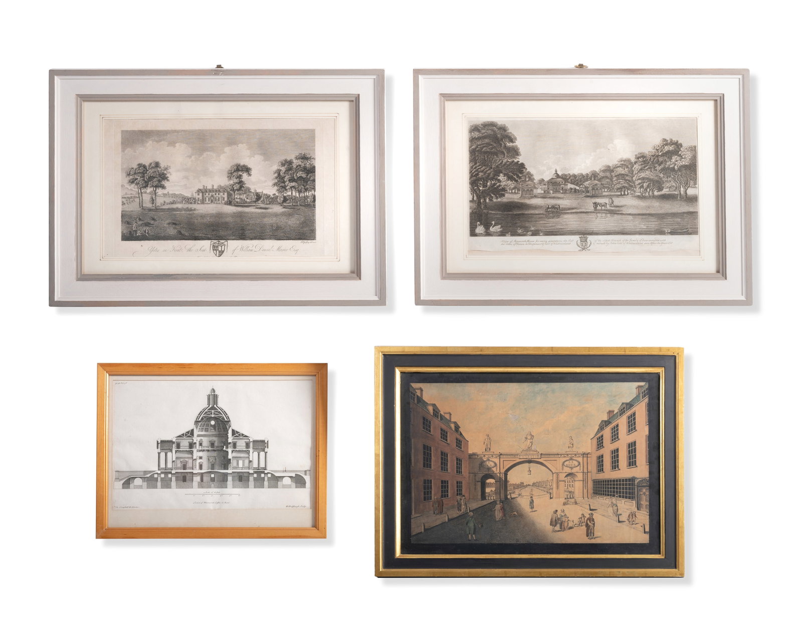 BRITISH SCHOOL (18TH CENTURY), FIGURES BEFORE A GATEWAY, TOGETHER WITH THREE PRINTS: BRITISH SCHOOL (18TH CENTURY) FIGURES BEFORE A GATEWAY Coloured engraving 37 x 53cm (14½ x 20¾in.) Together with three prints; A view of Yotes Court, a view of Mereworth House and a Section