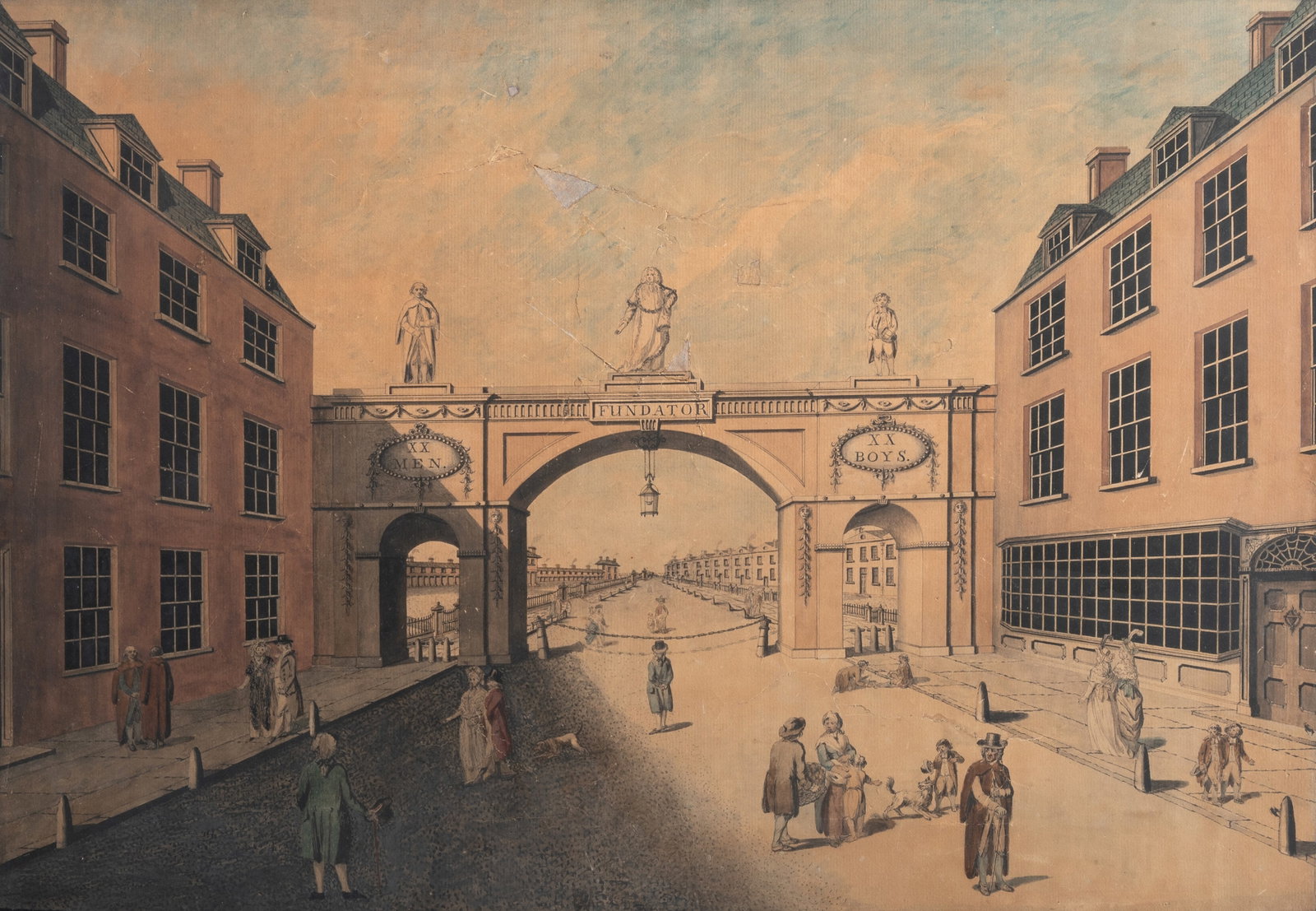 BRITISH SCHOOL (18TH CENTURY), FIGURES BEFORE A GATEWAY, TOGETHER WITH THREE PRINTS - 5