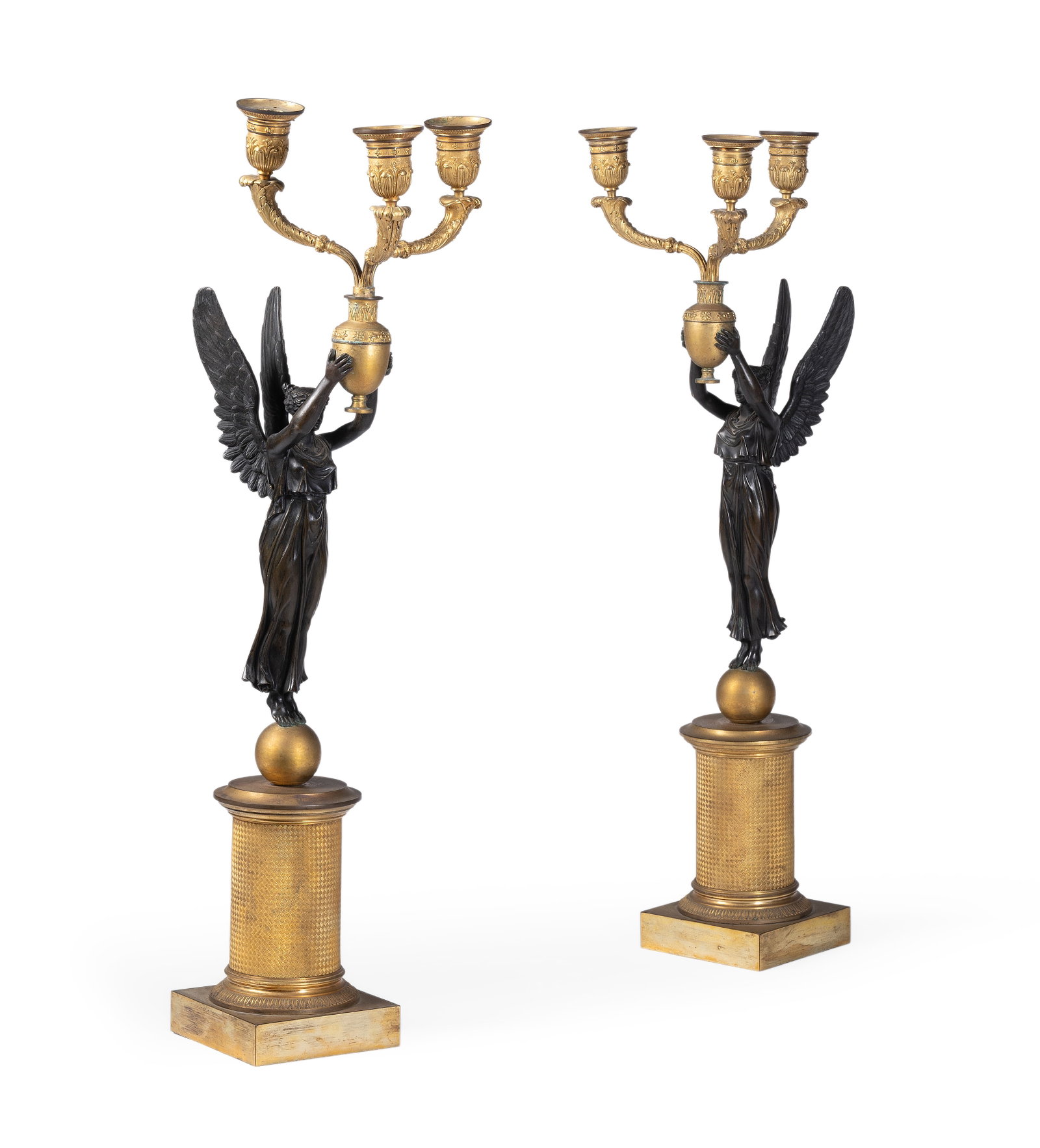 A PAIR OF FRENCH BRONZE AND GILT METAL THREE-LIGHT CANDELABRA, IN EMPIRE STYLE, MID 19TH CENTURY (1 of 4)