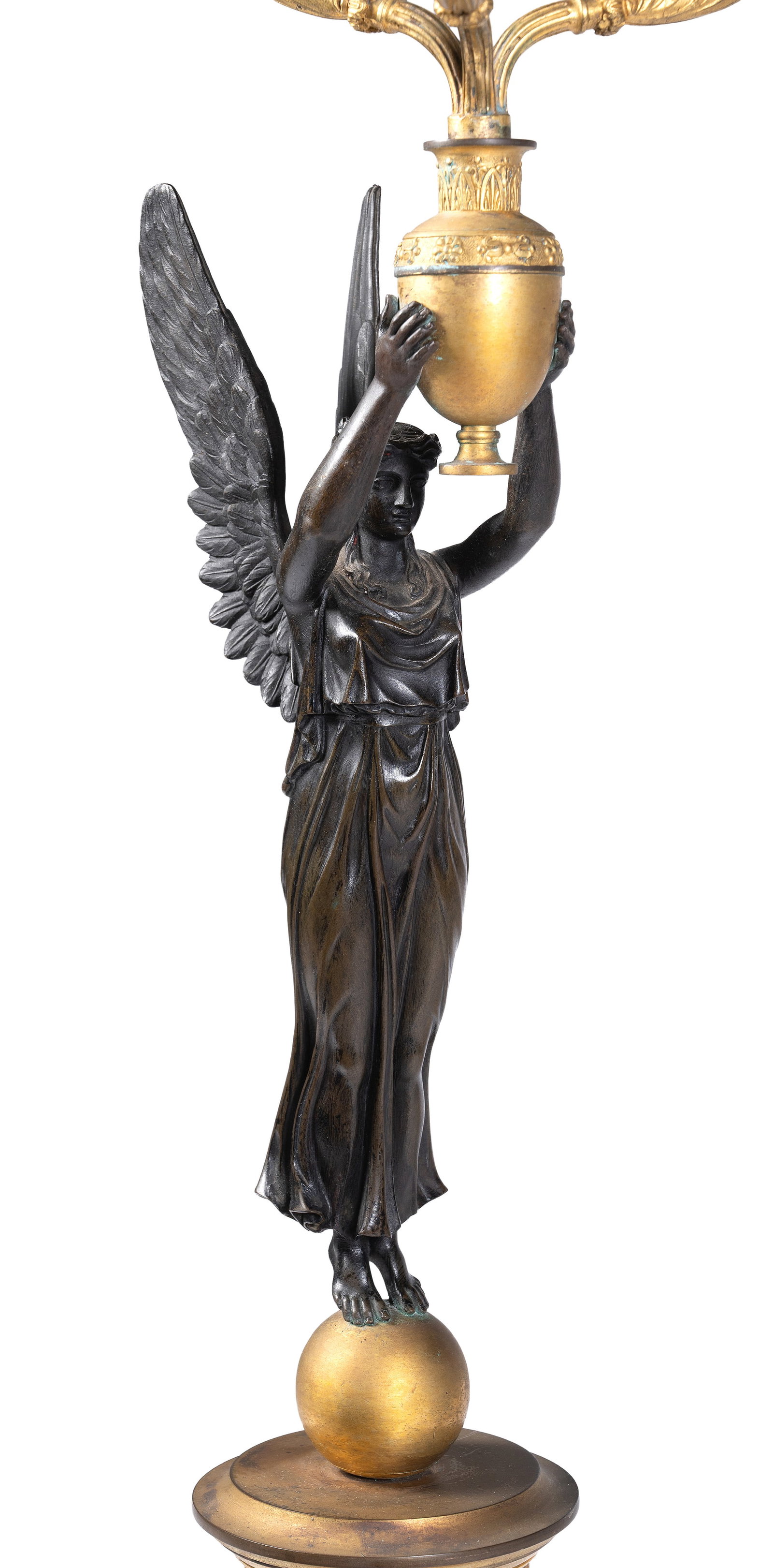 A PAIR OF FRENCH BRONZE AND GILT METAL THREE-LIGHT CANDELABRA, IN EMPIRE STYLE, MID 19TH CENTURY - 3