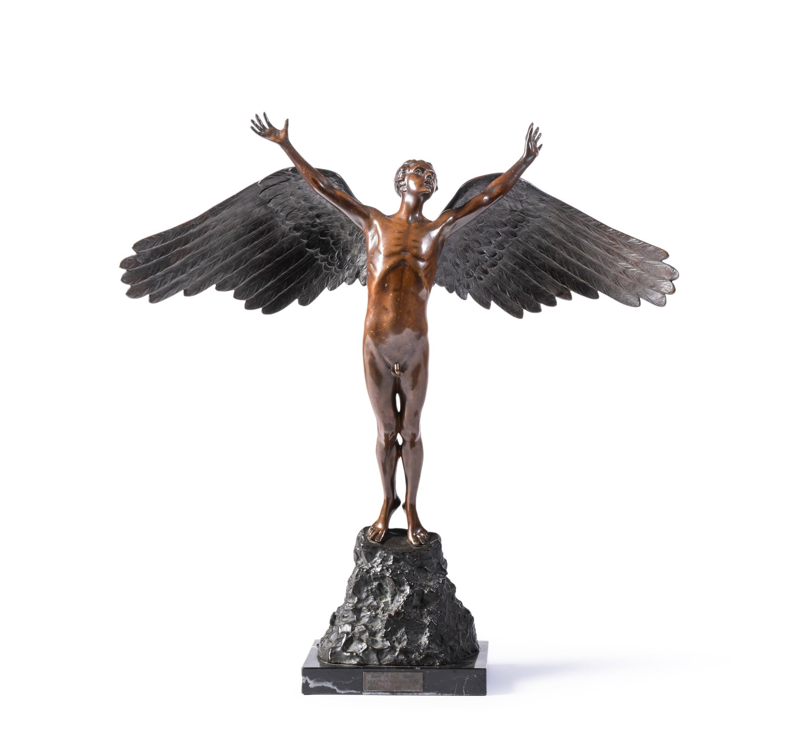 AN AUSTRIAN OR GERMAN PATINATED BRONZE FIGURE OF ICARUS, SIGNED FURST, 1930s: AN AUSTRIAN OR GERMAN PATINATED BRONZE FIGURE OF ICARUS SIGNED FURST, 1930s with contemporary presentation plaque to Otto Lilienthal, dated 1935 the youth with upheld hands and outspread wings,