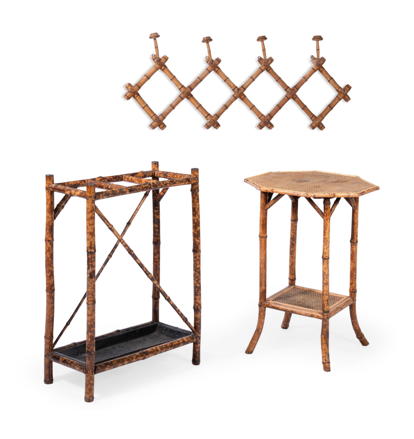A BAMBOO AND RATTAN TABLE, 20TH CENTURY, TOGETHER WITH A FAUX BAMBOO STICK STAND, AND COAT RACK (1 of 3)