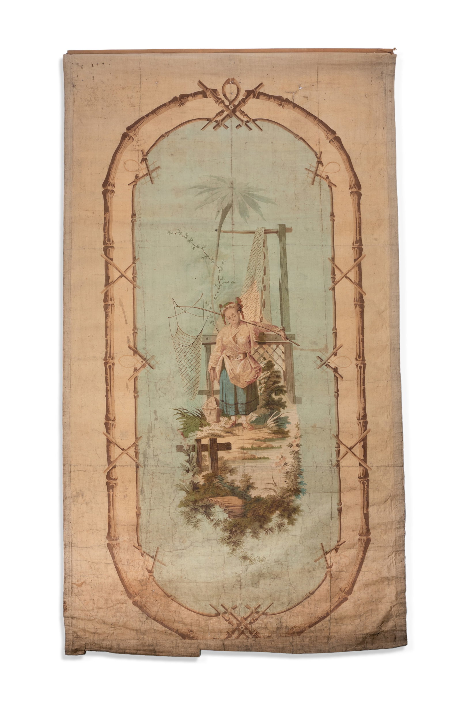 A CHINOISERIE PAINTED CANVAS WINDOW BLIND, 19TH CENTURY: A CHINOISERIE PAINTED CANVAS WINDOW BLIND 19TH CENTURY Depicting a floral scene centred with a fisherwoman 205 x 105cm Provenance: Believed to previously hang in the glazed side door of Sibyl