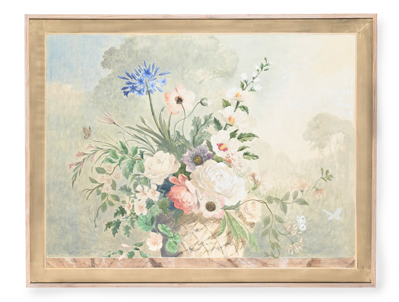 λ GEORGE OAKES (BRITISH 1927-2017), STILL LIFE OF FLOWERS IN A LANDSCAPE: λ GEORGE OAKES (BRITISH 1927-2017) STILL LIFE OF FLOWERS IN A LANDSCAPE Watercolour over traces of pencil, heightened with white 90 x 116cm (35¼ x 45½in.) Condition Report