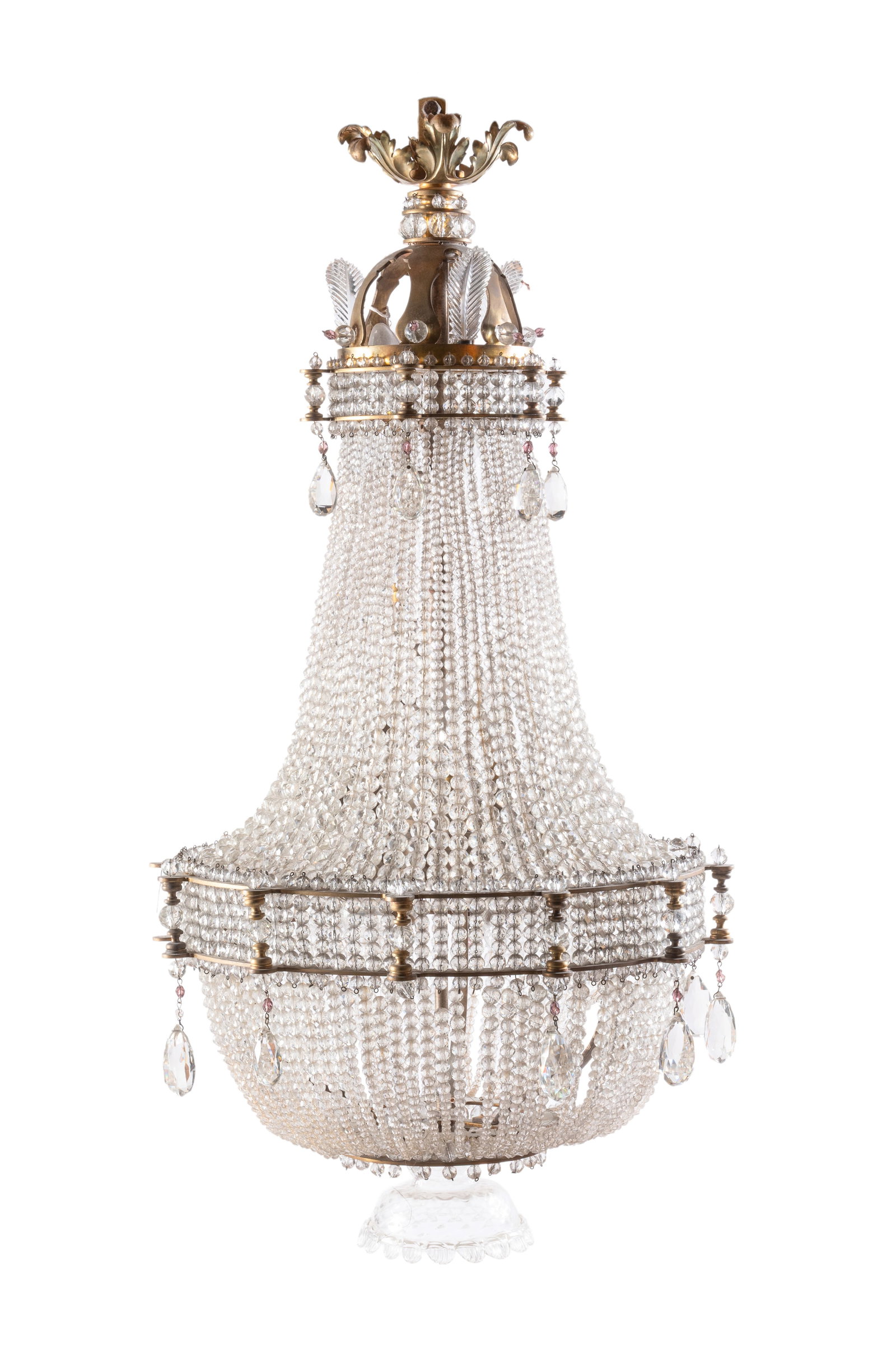 A GILT-METAL BEADED AND CUT-GLASS CHANDELIER, POSSIBLY ITALIAN, LATE 19TH OR EARLY 20TH CENTURY (1 of 4)