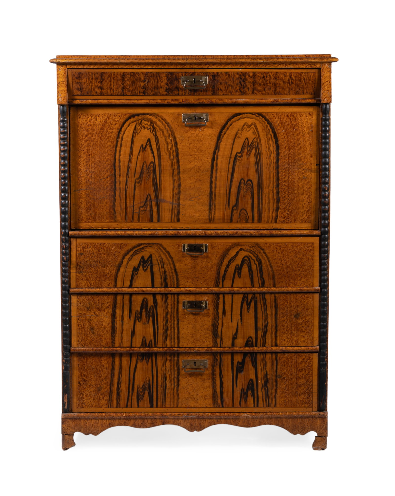 A PAINTED FAUX GRAINED AND PART EBONISED ESCRITOIRE, NORTH EUROPEAN, MID 19TH CENTURY: A PAINTED FAUX GRAINED AND PART EBONISED ESCRITOIRE NORTH EUROPEAN, POSSIBLY SWEDISH, MID 19TH CENTURY With a frieze drawer above a fall front with fitted interior, three further drawers below 139cm