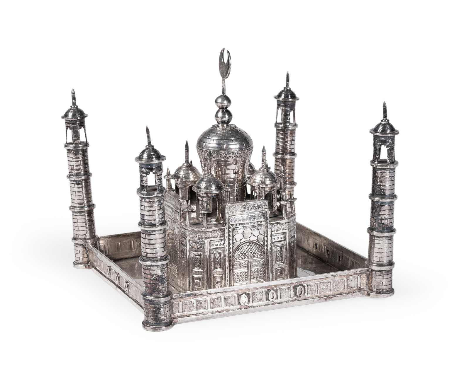 A CHINESE SILVER COLOURED MODEL OF THE TAJ MAHAL, MAKER'S MARK YLS: A CHINESE SILVER COLOURED MODEL OF THE TAJ MAHAL MAKER'S MARK YLS 17cm wide 514g (16.55 oz) Provenance: Dreweatts, Pablo Bronstein: Diversions of a Contemporary Mind, 9 January 2024, lot