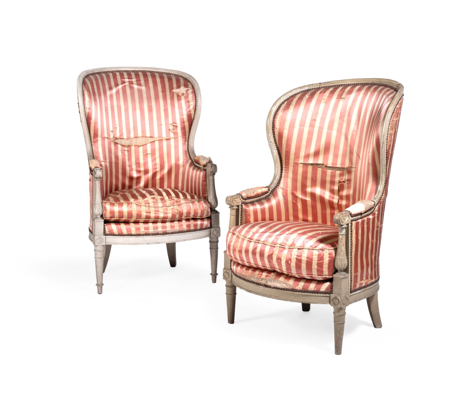 A PAIR OF DIRECTOIRE-STYLE GONDOLE BERGÈRES, LATE 18TH CENTURY: A PAIR OF DIRECTOIRE-STYLE GONDOLE BERGÈRES LATE 18TH CENTURY 118cm high, 76cm wide, 61cm deep Provenance: Former collection of the Dukes of Luynes, Dampierre Castle, Yvelines Christie's, The