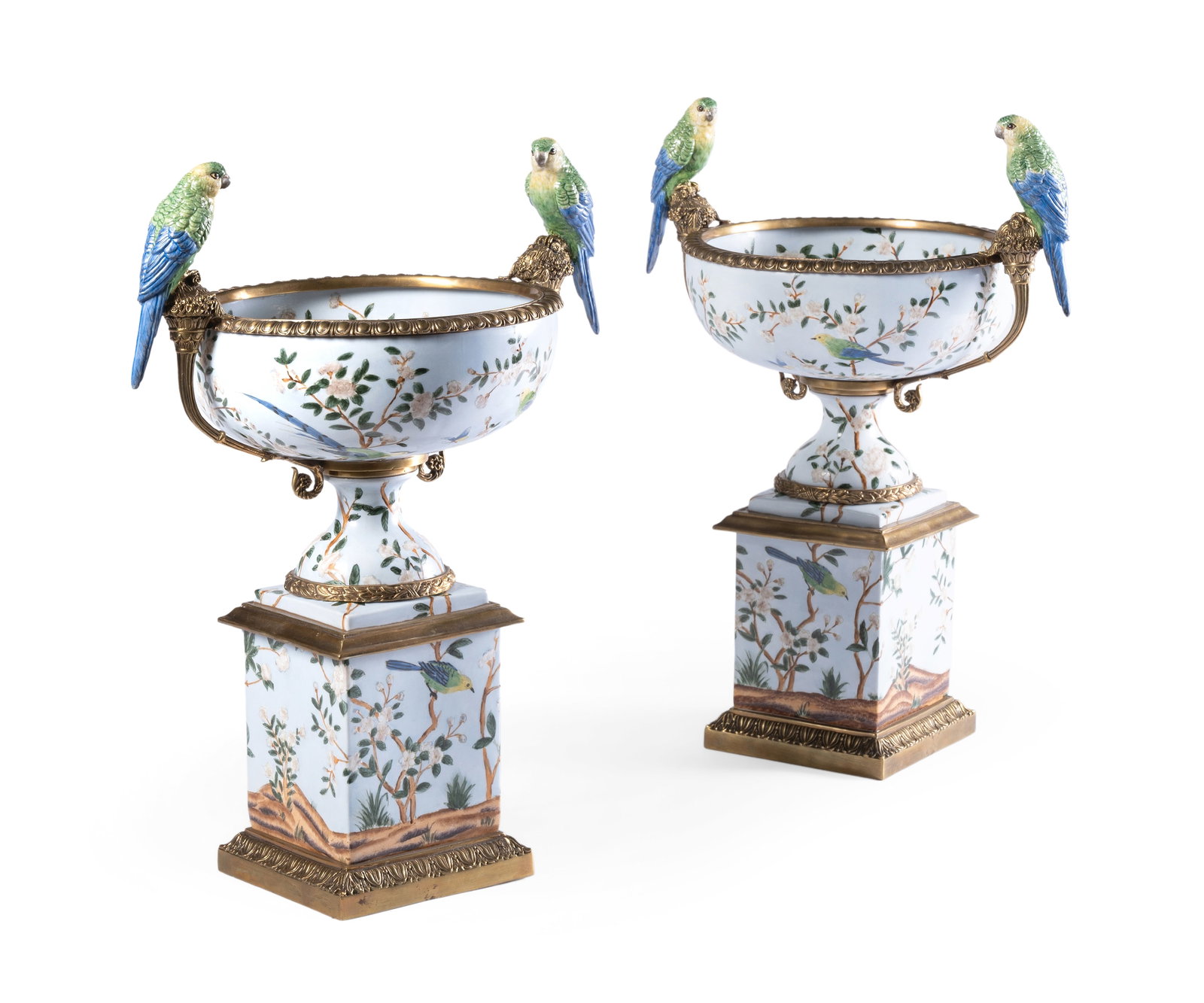 A PAIR OF PORCELAIN GILT METAL MOUNTED URNS ON STANDS, MODERN: A PAIR OF PORCELAIN GILT METAL MOUNTED URNS ON STANDS MODERN each 42cm high, 36cm wide, 24cm deep Condition Report: