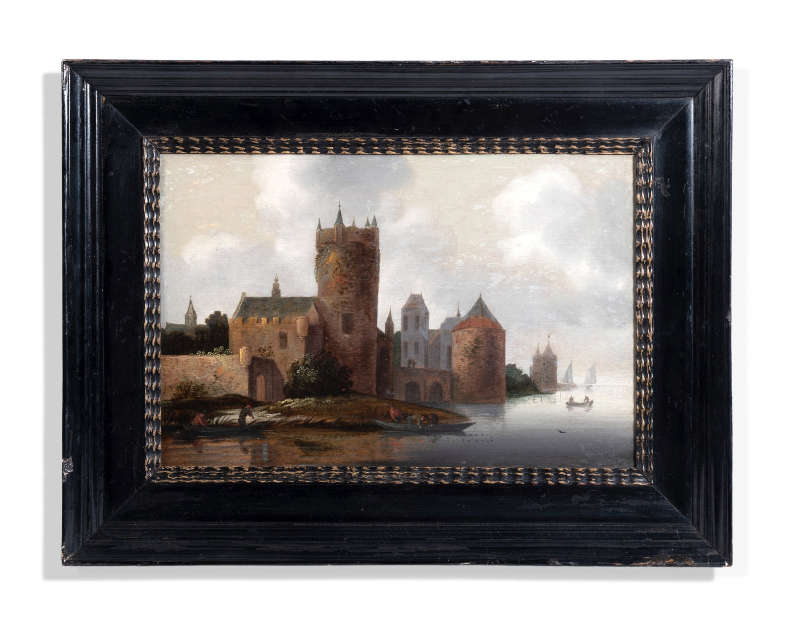 DUTCH SCHOOL (17TH CENTURY), A RIVER LANDSCAPE WITH FISHERMEN BY A CASTLE: DUTCH SCHOOL (17TH CENTURY) A RIVER LANDSCAPE WITH FISHERMEN BY A CASTLE Oil on panel 27.5 x 41cm (10¾ x 16in.) Provenance: W. R. Baron Mackay of Blaricum, Holland (1907-1995) and thence by