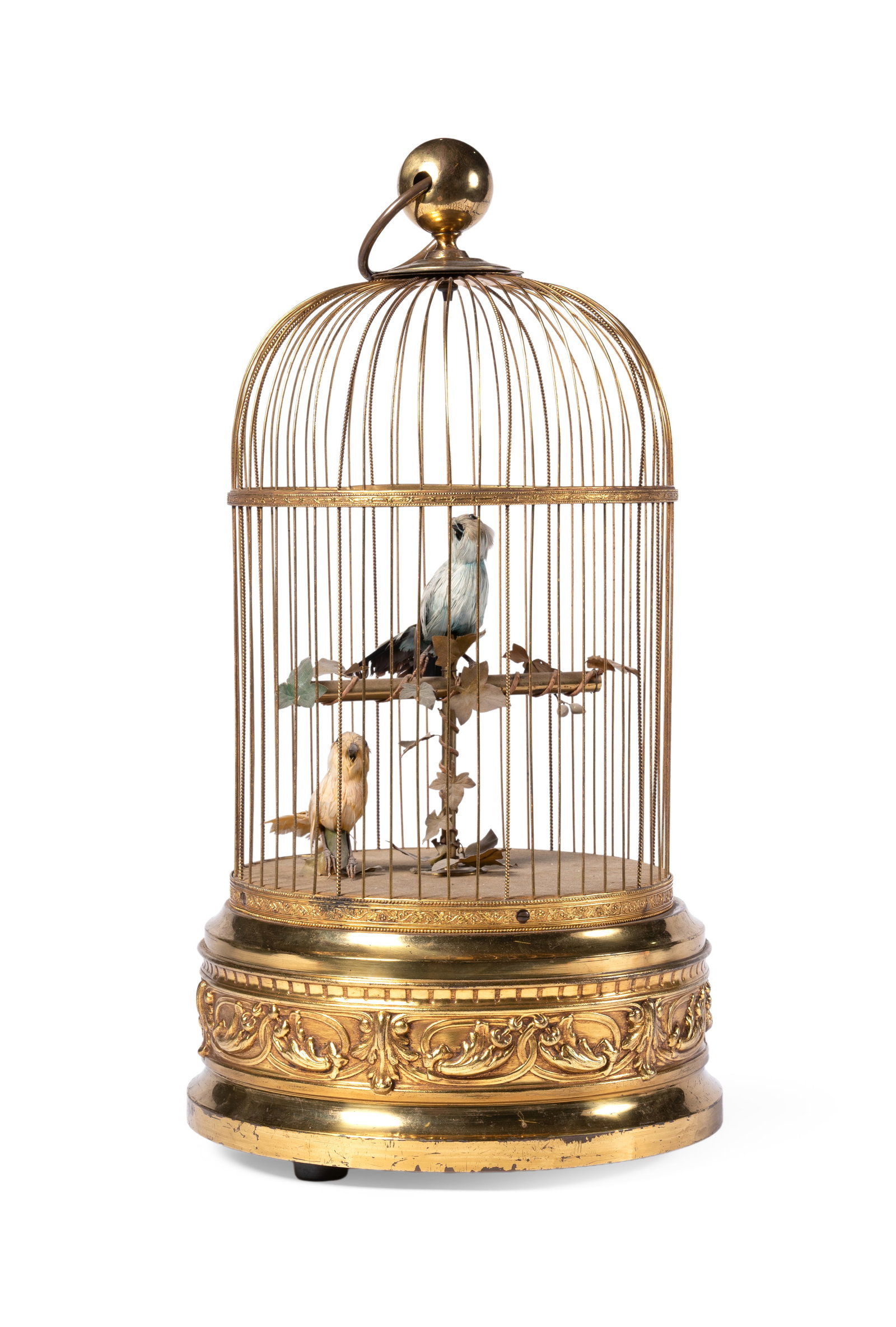 A FRENCH GILT-METAL SINGING BIRDCAGE AUTOMATON, PROBABLY BY BONTEMS, FIRST QUARTER 20TH CENTURY: A FRENCH GILT-METAL SINGING BIRDCAGE AUTOMATON PROBABLY BY BONTEMS, FIRST QUARTER 20TH CENTURY Containing one yellow and one blue songbird taking turns to sing a p