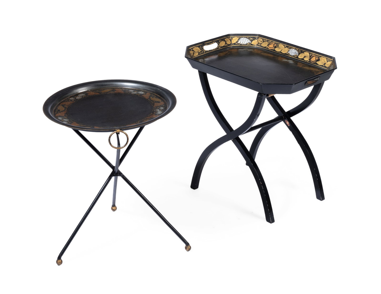 TWO BLACK AND GILT DECORATED TOLE OCCASIONAL TABLES, MODERN: TWO BLACK AND GILT DECORATED TOLE OCCASIONAL TABLES MODERN The circular example 51cm high, 44cm diameter, the rectangular example 54cm high, the tray 53 x 37.5cm Condition Report Disclaimer