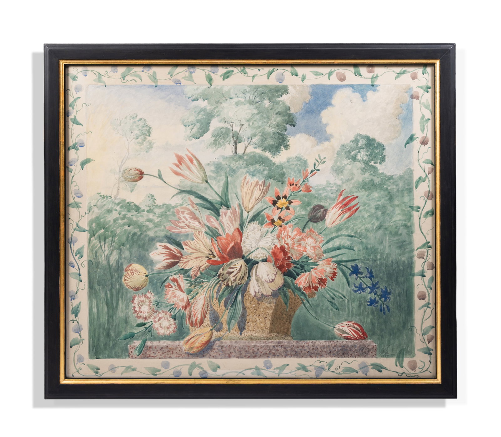 GEORGE OAKES (BRITISH 1927-2017), A STILL LIFE OF FLOWERS IN A LANDSCAPE: GEORGE OAKES (BRITISH 1927-2017) A STILL LIFE OF FLOWERS IN A LANDSCAPE Watercolour over pencil, heightened with scratching out Signed and dated 1994 (lower right) 78 x 85cm (30½ x 33¼in.)