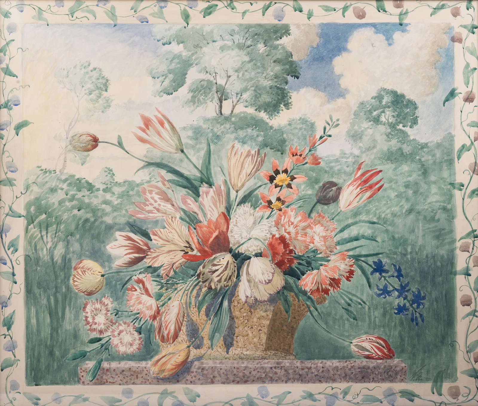 GEORGE OAKES (BRITISH 1927-2017), A STILL LIFE OF FLOWERS IN A LANDSCAPE - 2