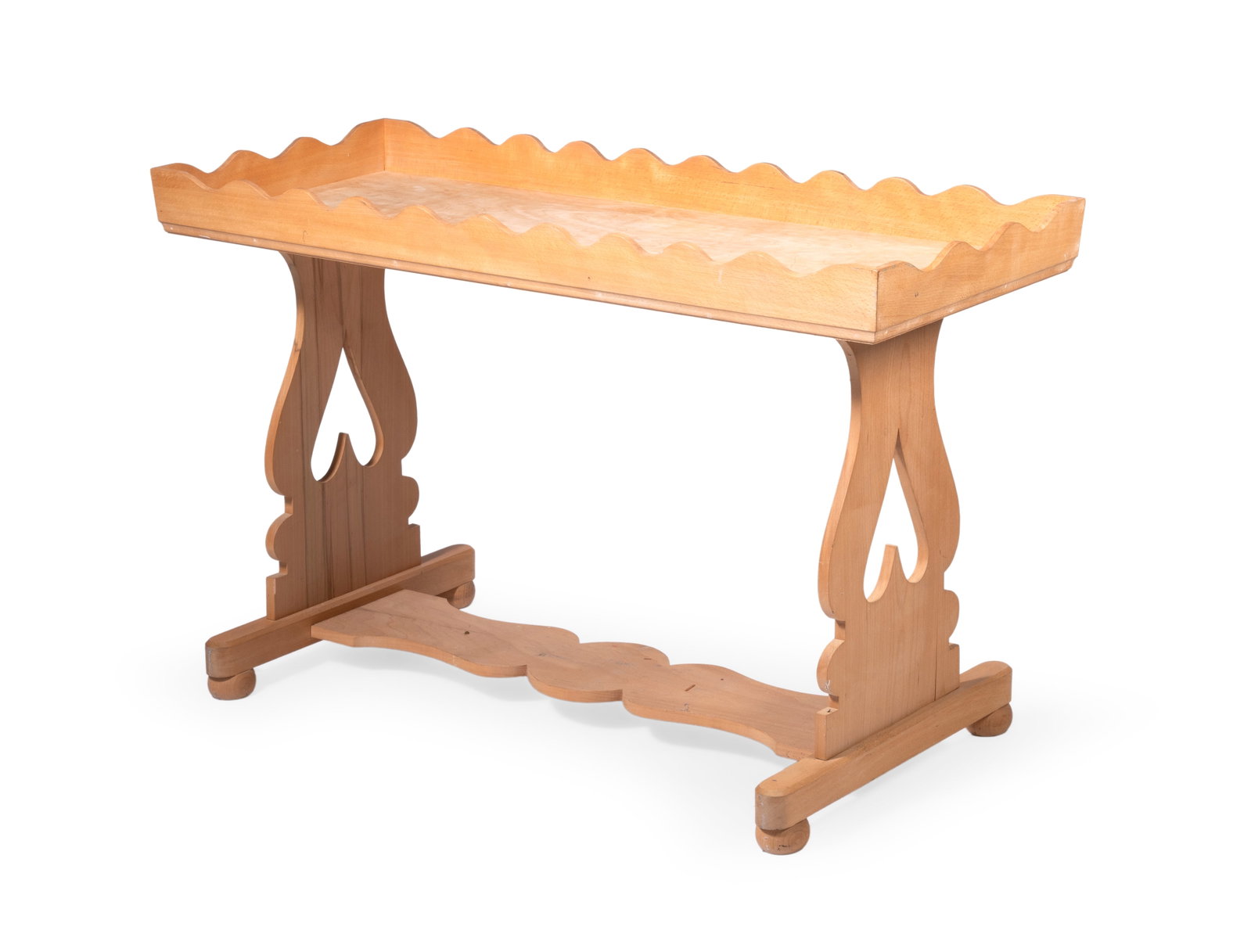 A 'TRESTLE END COFFEE TABLE', BY SIBYL COLEFAX & JOHN FOWLER, LATE 20TH CENTURY: A 'TRESTLE END COFFEE TABLE' BY SIBYL COLEFAX & JOHN FOWLER, LATE 20TH CENTURY On shaped supports joined by a stretcher 70cm high, 112cm wide, 42cm deep Condition Report Disclaimer