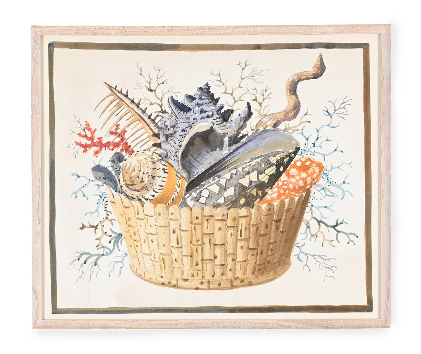 λ GEORGE OAKES (BRITISH 1927-2017), SHELLS AND CORAL IN A BASKET: λ GEORGE OAKES (BRITISH 1927-2017) SHELLS AND CORAL IN A BASKET Watercolour heightened with touches of bodycolour 43 x 50.5cm (16¾ x 19¾in.) Condition Report Disclaimer