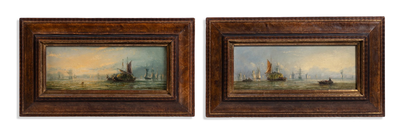 ADOLPHUS KNELL (BRITISH FL. CIRCA 1860-1890), ESTUARY SCENES AT SUNSET: ADOLPHUS KNELL (BRITISH FL. CIRCA 1860-1890) ESTUARY SCENES AT SUNSET Oil on panel, a pair Both signed (lower right) 11 x 29.5cm (4¼ x 11½in.) (2) Provenance: Dreweatts, Old Master, British