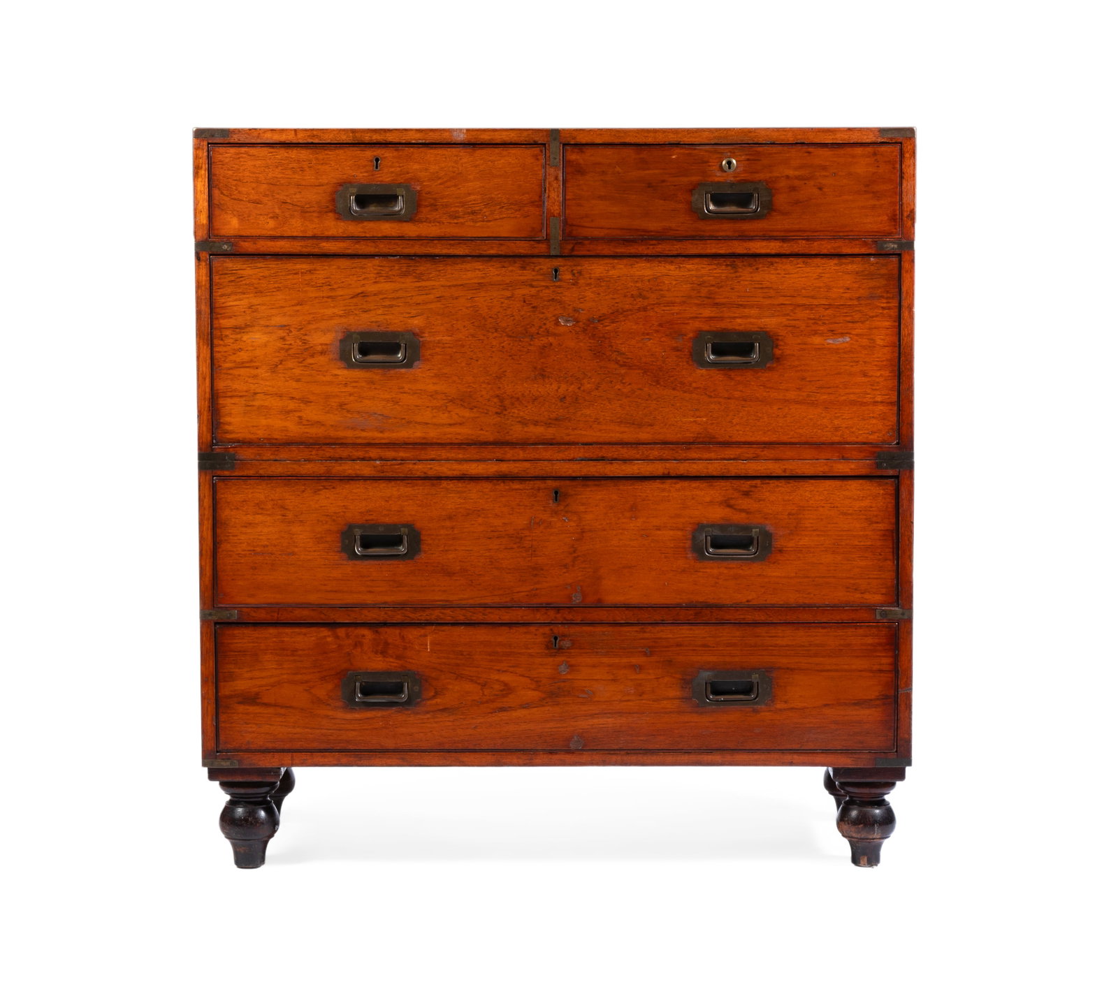 A TEAK AND EBONISED CAMPAIGN CHEST, 20TH CENTURY: A TEAK AND EBONISED CAMPAIGN CHEST 20TH CENTURY Made by 'ARMY & NAVY C. S. L.' 104cm high, 99cm wide, 44.5cm deep Condition Report: PLEASE NOTE: ALL LOTS ARE LOCATED AT SACKVILLE WEST