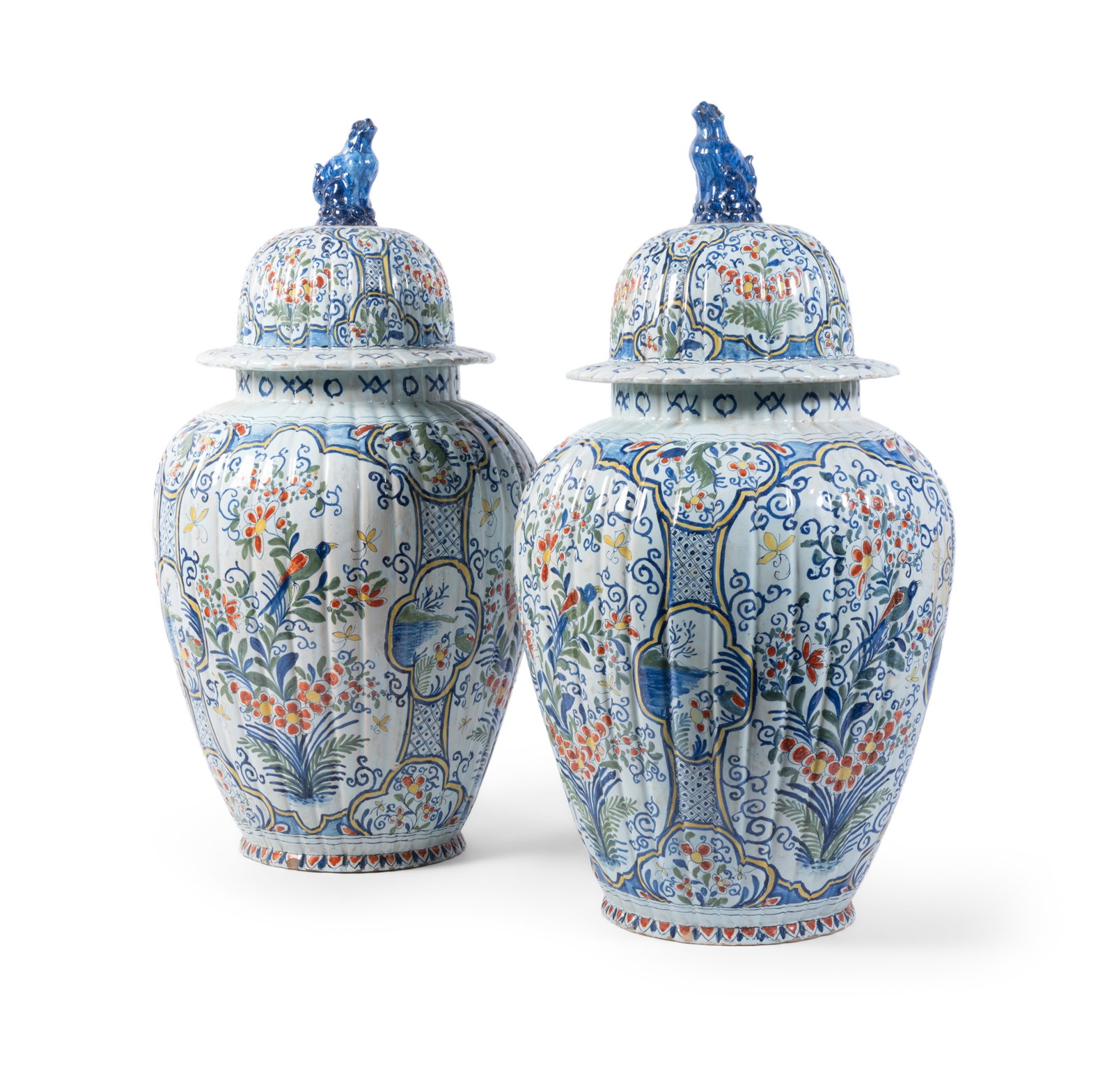 A PAIR OF DUTCH DELFT POLYCHROME VASES AND DOMED COVERS, IN 18TH CENTURY STYLE, CIRCA 1900: A PAIR OF DUTCH DELFT POLYCHROME VASES AND DOMED COVERS IN 18TH CENTURY STYLE, CIRCA 1900 63cm high Provenance: A retirement gift to George Oakes from Colefax & Fowler Ltd. Condition Report