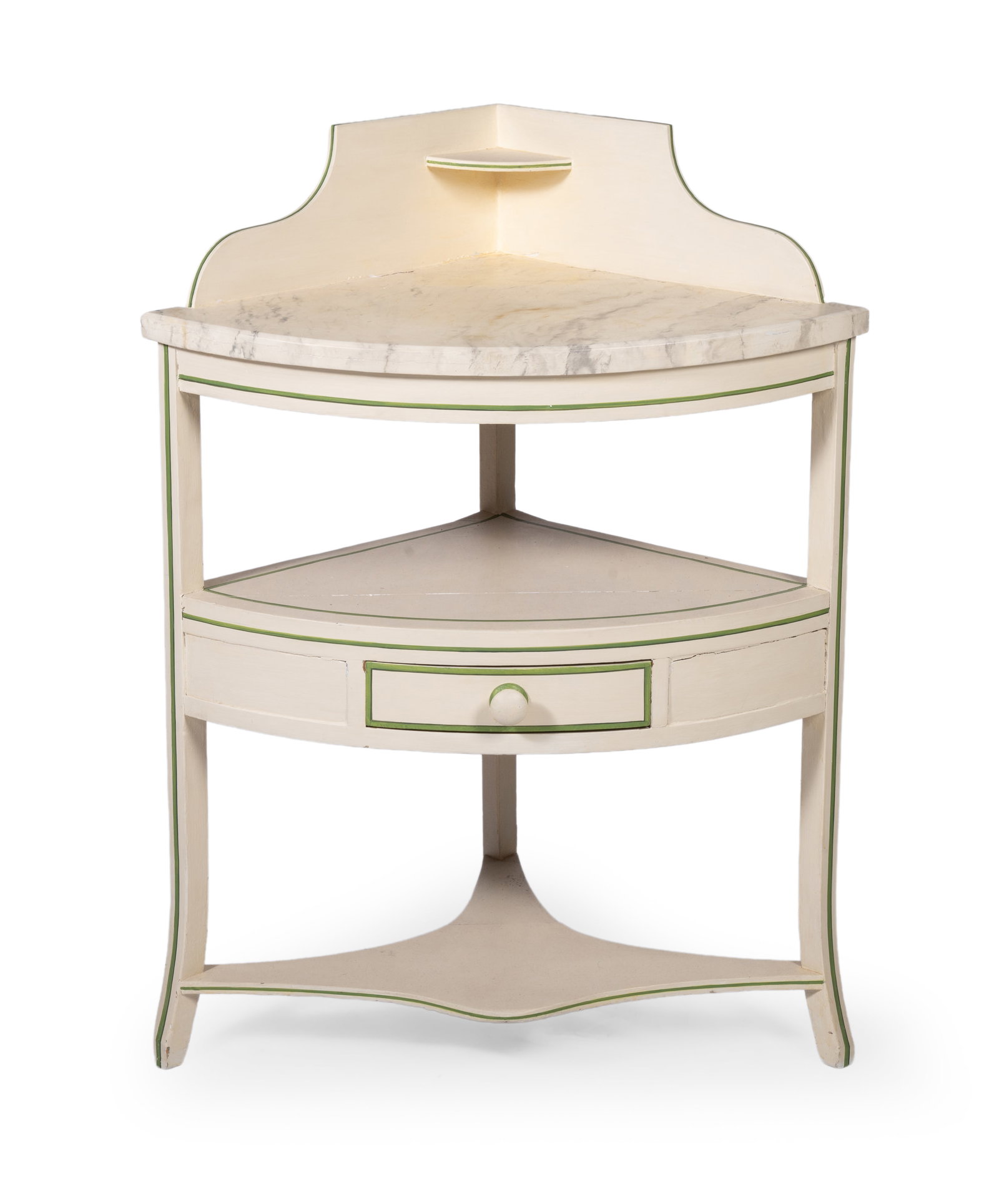 A CREAM AND GREEN LINE PAINTED CORNER WASHSTAND, EARLY 19TH CENTURY, REPAINTED BY GEORGE OAKES: A CREAM AND GREEN LINE PAINTED THREE TIER CORNER WASHSTAND EARLY 19TH CENTURY, REPAINTED BY GEORGE OAKES With faux marble top 98cm high, 73cm wide, 50cm deep Condition Report Disclaimer