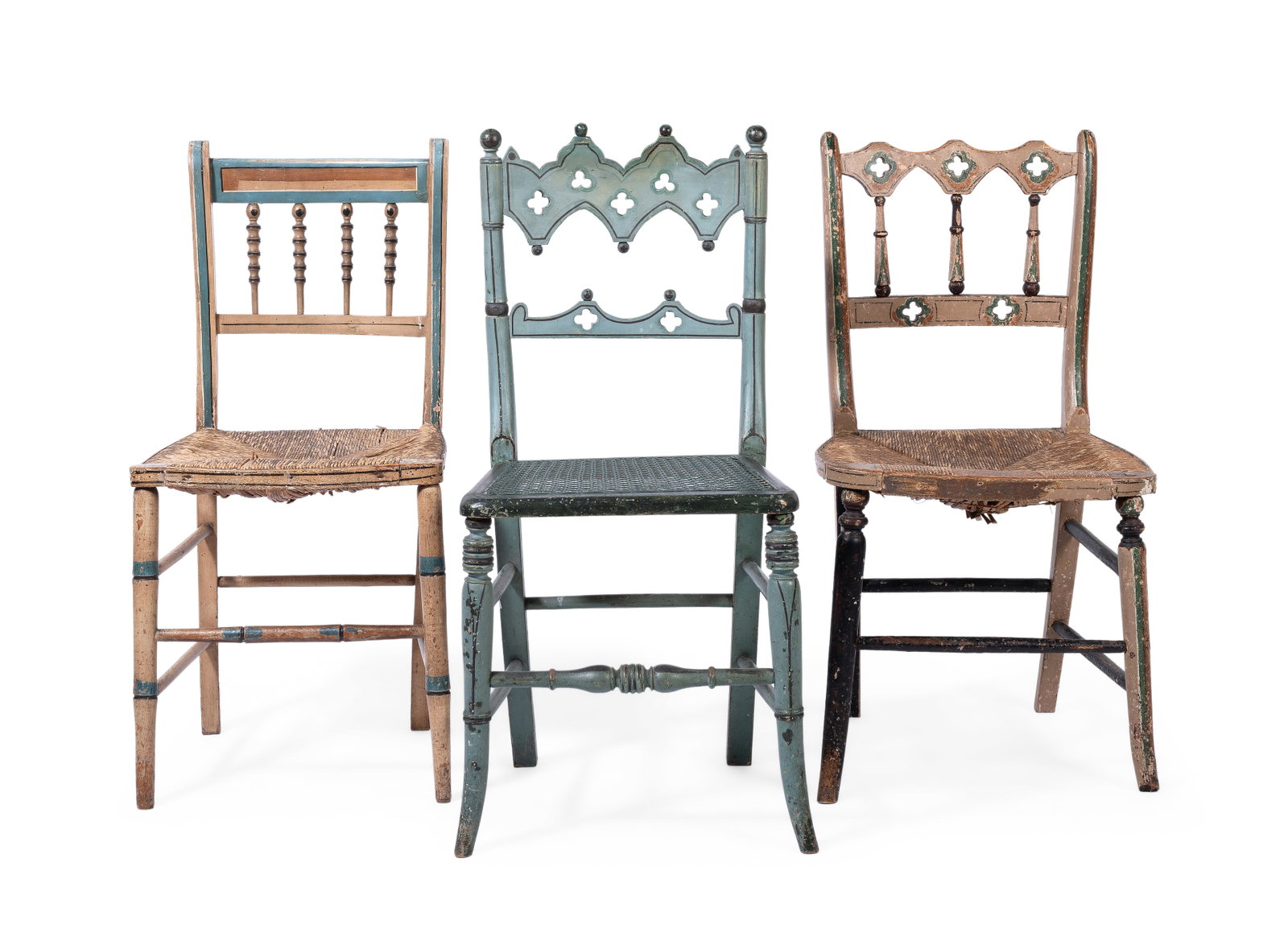 A REGENCY SIDE CHAIR, 19TH CENTURY, AND LATER PAINTED BY JOHN FOWLER, WITH TWO SIMILAR EXAMPLES: A REGENCY SIDE CHAIR EARLY 19TH CENTURY, AND LATER PAINTED BY JOHN FOWLER With pierced gothic revival back, with paper label, ‘This chair was left to me in his will by the late John