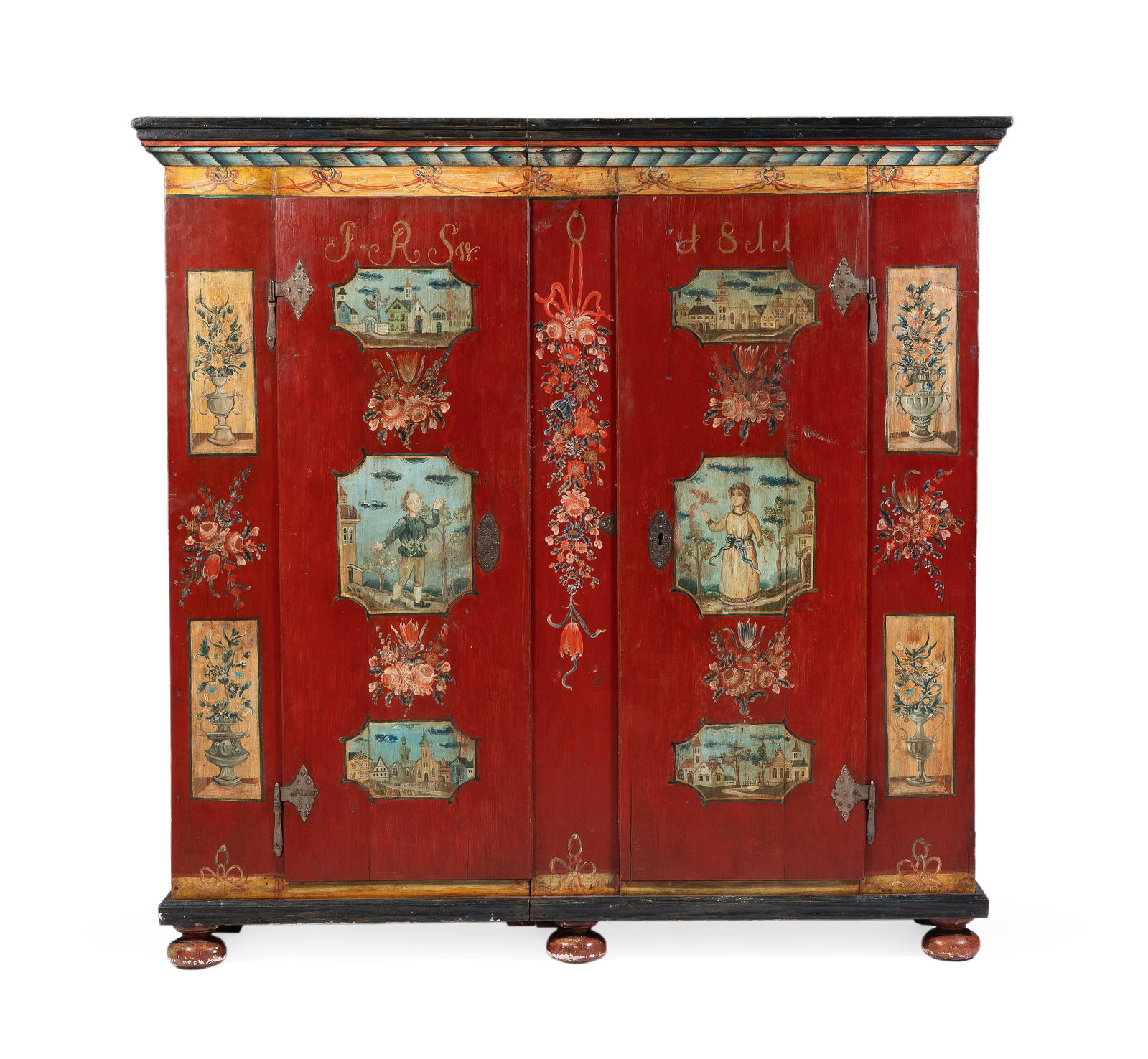 A NORTH EUROPEAN PAINTED MARRIAGE ARMOIRE, POSSIBLY TYROLEAN, EARLY 19TH CENTURY: A NORTH EUROPEAN PAINTED MARRIAGE ARMOIRE POSSIBLY TYROLEAN, EARLY 19TH CENTURY Dated '1811 176cm high, 179cm wide, 52cm deep Provenance: The selected contents of Dinton Hall,
