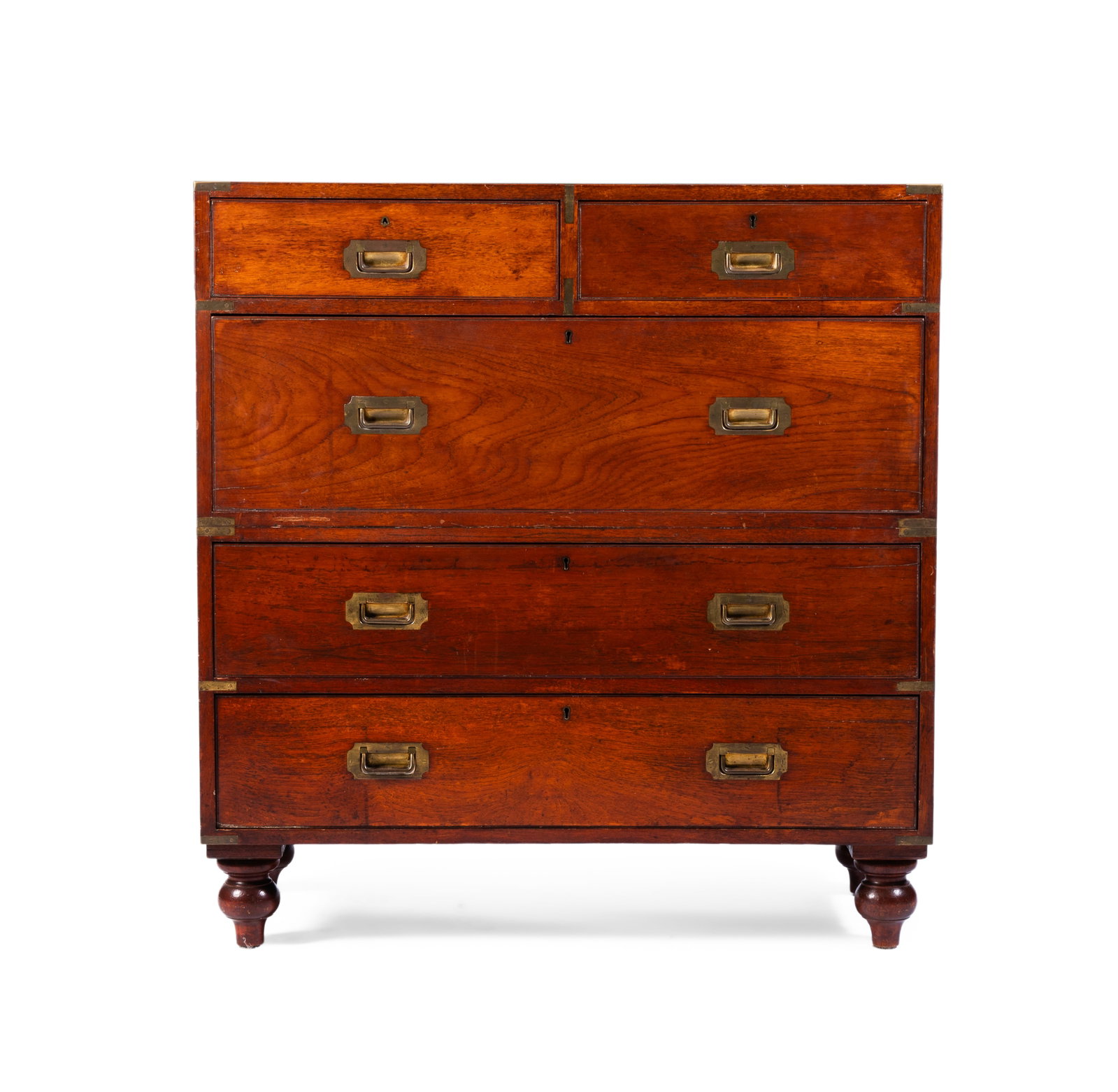 A TEAK CAMPAIGN CHEST, 20TH CENTURY: A TEAK CAMPAIGN CHEST 20TH CENTURY Made by 'ARMY & NAVY C. S. L.' 104cm high, 99cm wide, 45.5cm deep Condition Report: PLEASE NOTE: ALL LOTS ARE LOCATED AT SACKVILLE WEST STORAGE IN