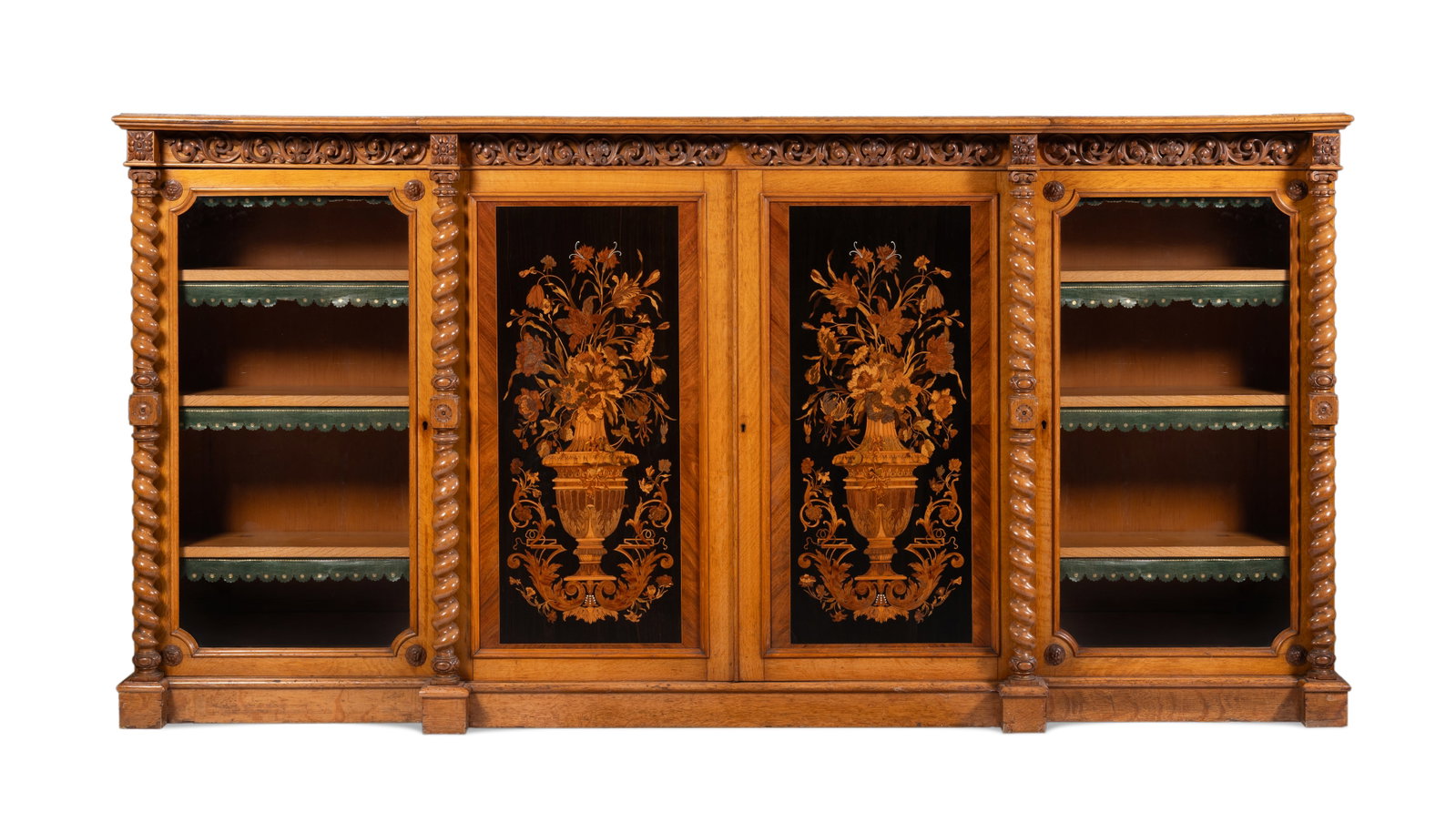 Y A VICTORIAN GOLDEN OAK AND MARQUETRY INLAID SIDE CABINET, 19TH CENTURY: Y A VICTORIAN GOLDEN OAK AND MARQUETRY INLAID SIDE CABINET 19TH CENTURY 121cm high, 245cm wide, 45cm deep Provenance: Adams, At Home, 28 August 2024, lot 69 Condition Report: PLEASE NOTE: ALL