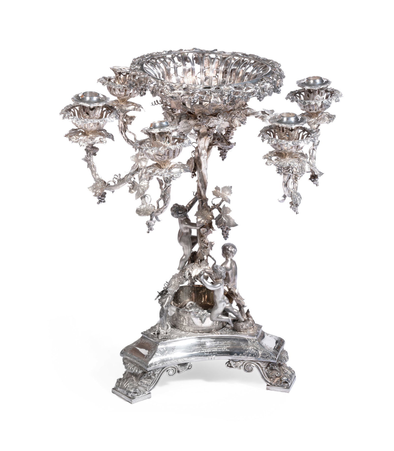 A CASED VICTORIAN ELECTROPLATED CANDELABRUM OR EPERGNE, CIRCA 1855 - 7