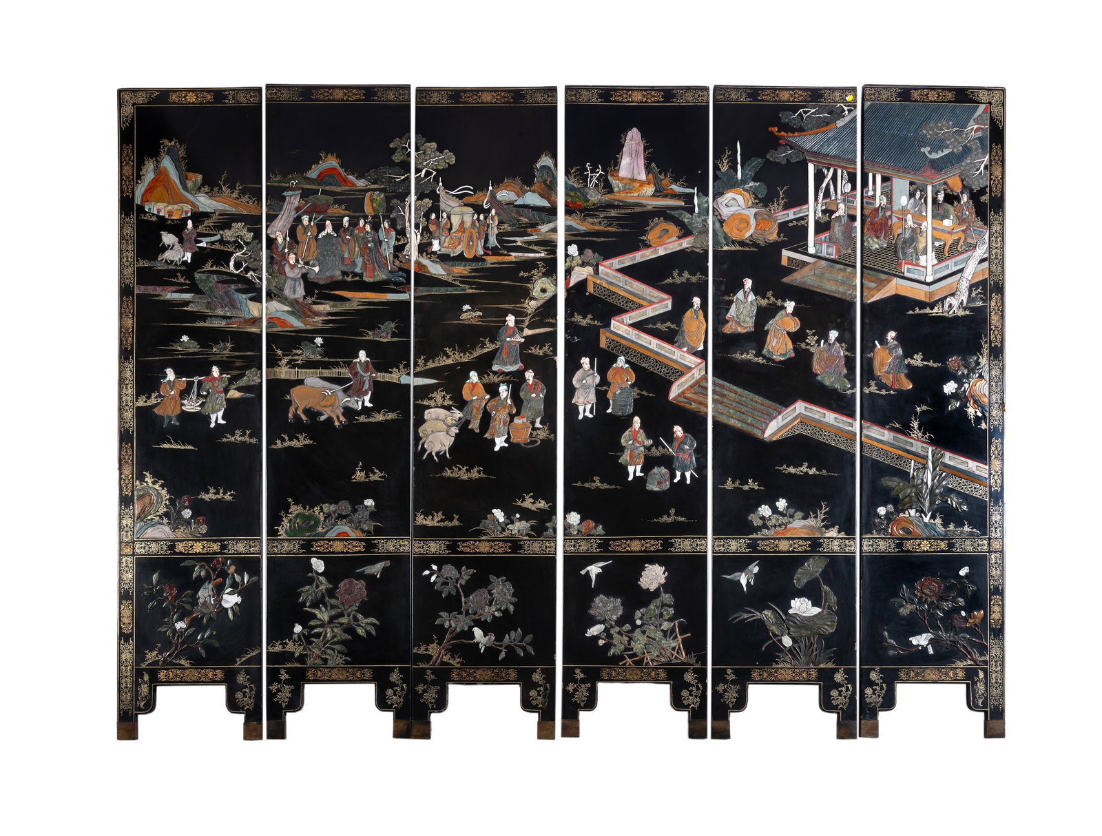 A CHINESE SIX-PANEL BLACK LACQUER AND INLAID SCREEN, 20TH CENTURY (1 of 5)
