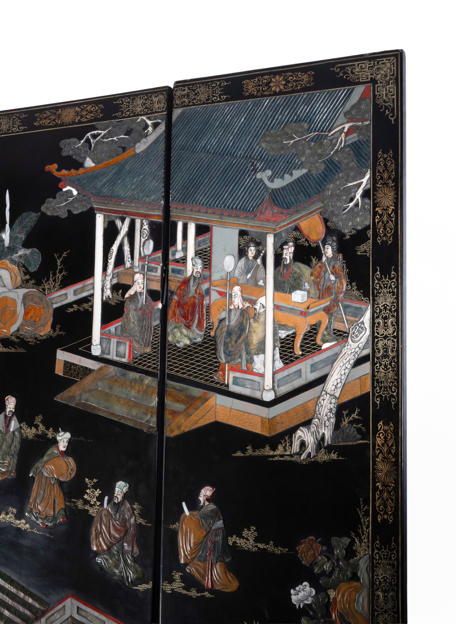 A CHINESE SIX-PANEL BLACK LACQUER AND INLAID SCREEN, 20TH CENTURY - 3
