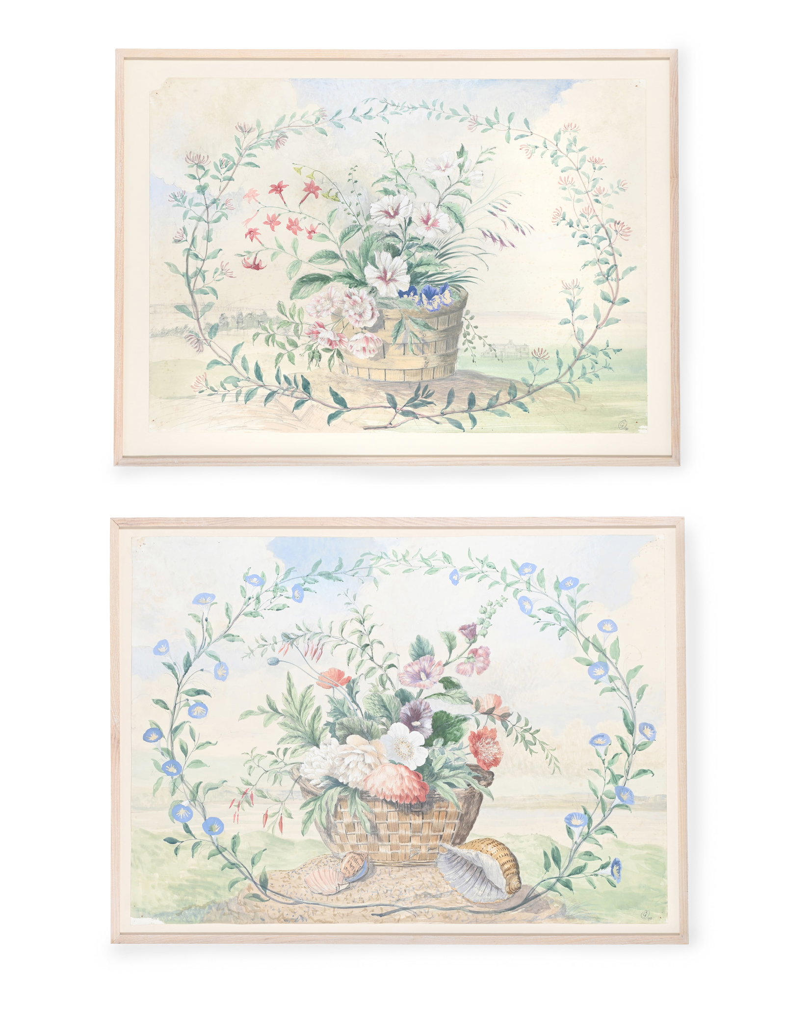 λ GEORGE OAKES (BRITISH 1927-2017), A PAIR OF STILL LIFES WITH FLOWERS WITHIN A GARLAND OF FLOW: λ GEORGE OAKES (BRITISH 1927-2017) A PAIR OF STILL LIFES WITH FLOWERS WITHIN A GARLAND OF FLOWERS Watercolour over pencil, heightened with bodycolour Signed with monogram and dated 90