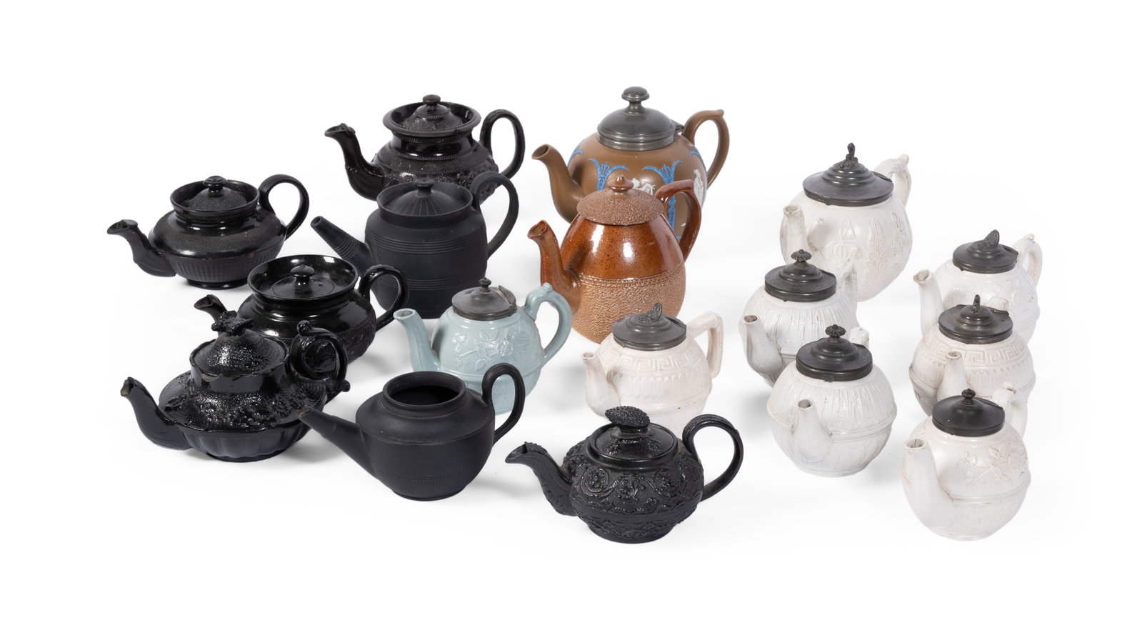A COLLECTION OF MOSTLY STAFFORDSHIRE DRY-BODIED STONEWARE TEAPOTS AND COVERS, WITH WALL BRACKETS - 2