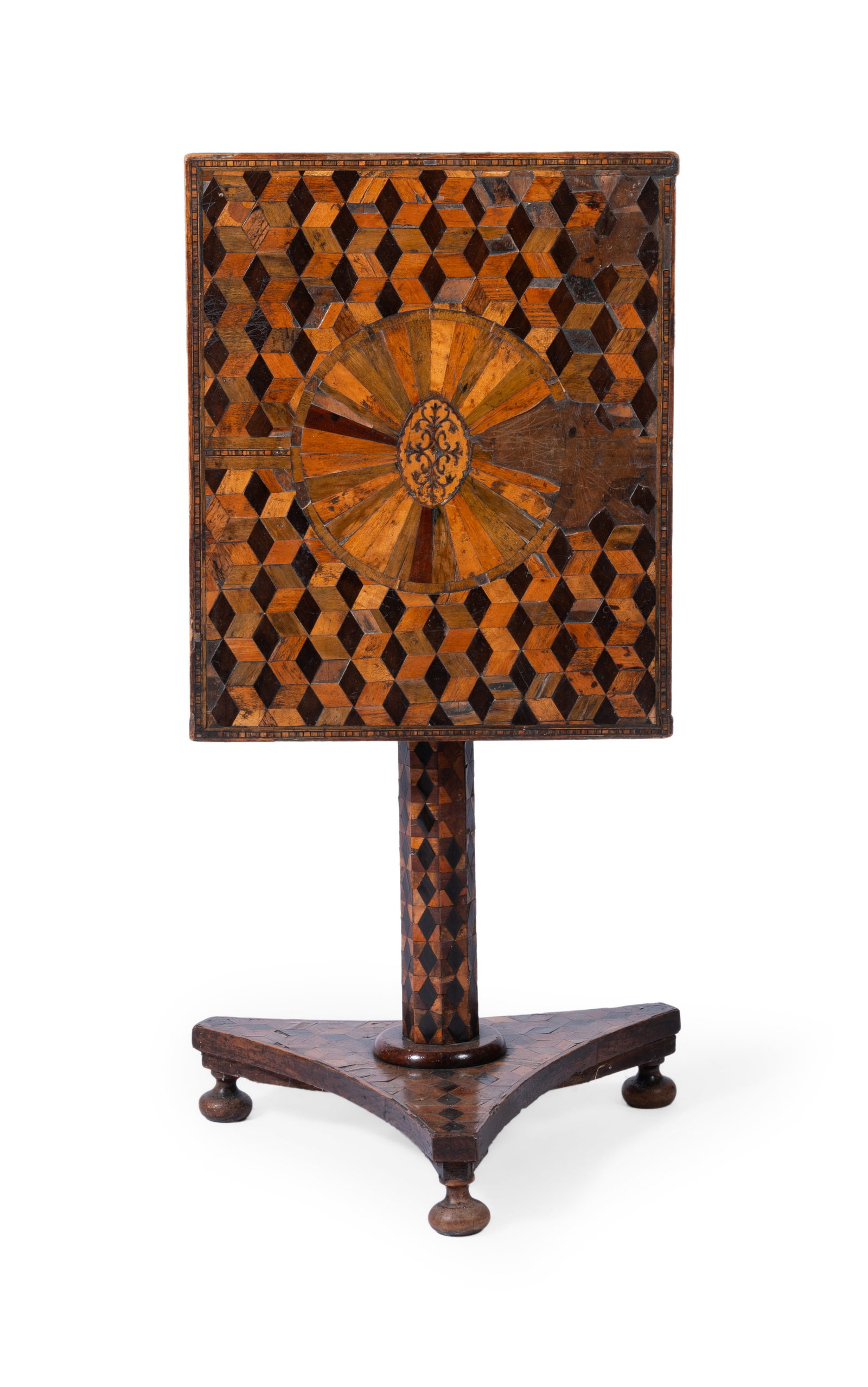 Y AN EARLY VICTORIAN VERNACULAR SPECIMEN WOOD MARQUETRY TABLE, MID 19TH CENTURY: Y AN EARLY VICTORIAN VERNACULAR SPECIMEN WOOD MARQUETRY TABLE MID 19TH CENTURY The top inlaid with walnut, harewood, rosewood, sycamore, maple and ash 74cm high, 61cm wide, 50cm deep Condition