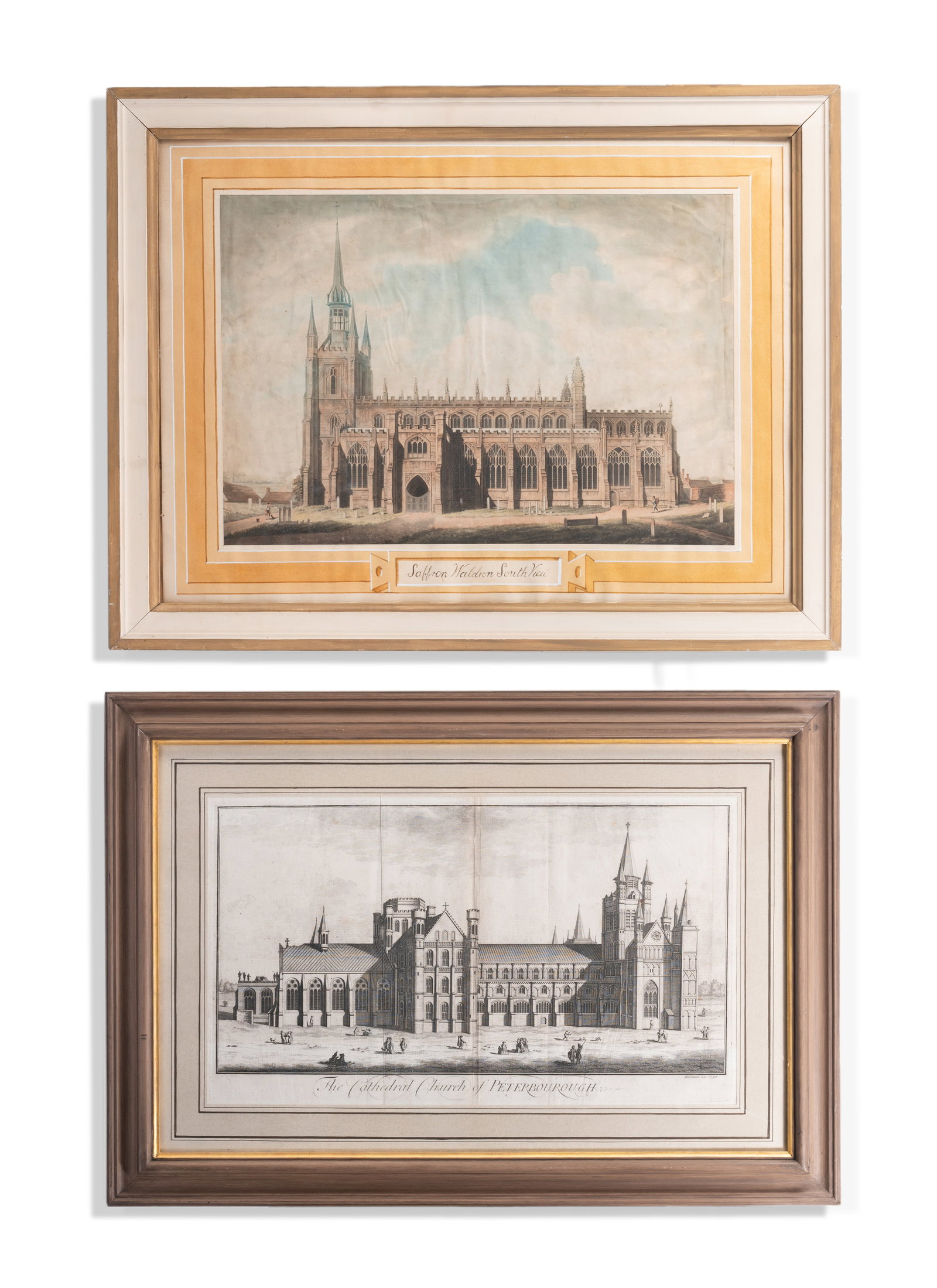 ENGLISH SCHOOL (18TH/19TH CENTURY), SAFFRON WALDEN CHURCH SOUTH VIEW: ENGLISH SCHOOL (18TH/19TH CENTURY) SAFFRON WALDEN CHURCH SOUTH VIEW Coloured engraving 39 x 57cm (15¼ x 22¼in.) Together with A view of The Cathedral Church of Peterborough (2) Both
