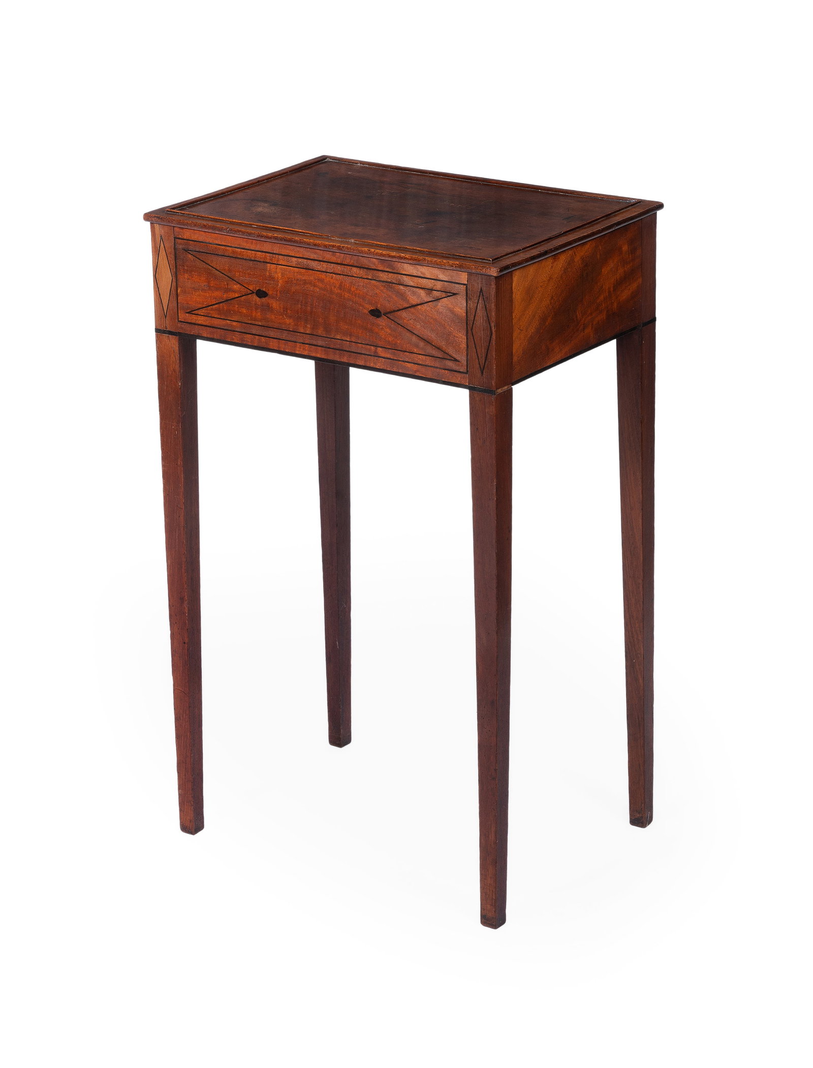 A GEORGE III LINE INLAID MAHOGANY SIDE TABLE, EARLY 19TH CENTURY: A GEORGE III LINE INLAID MAHOGANY SIDE TABLE EARLY 19TH CENTURY With square tapering legs 74cm high, 45cm wide, 32cm deep Provenance: A gift from John Fowler, 292 Kings Road, London Condition Report