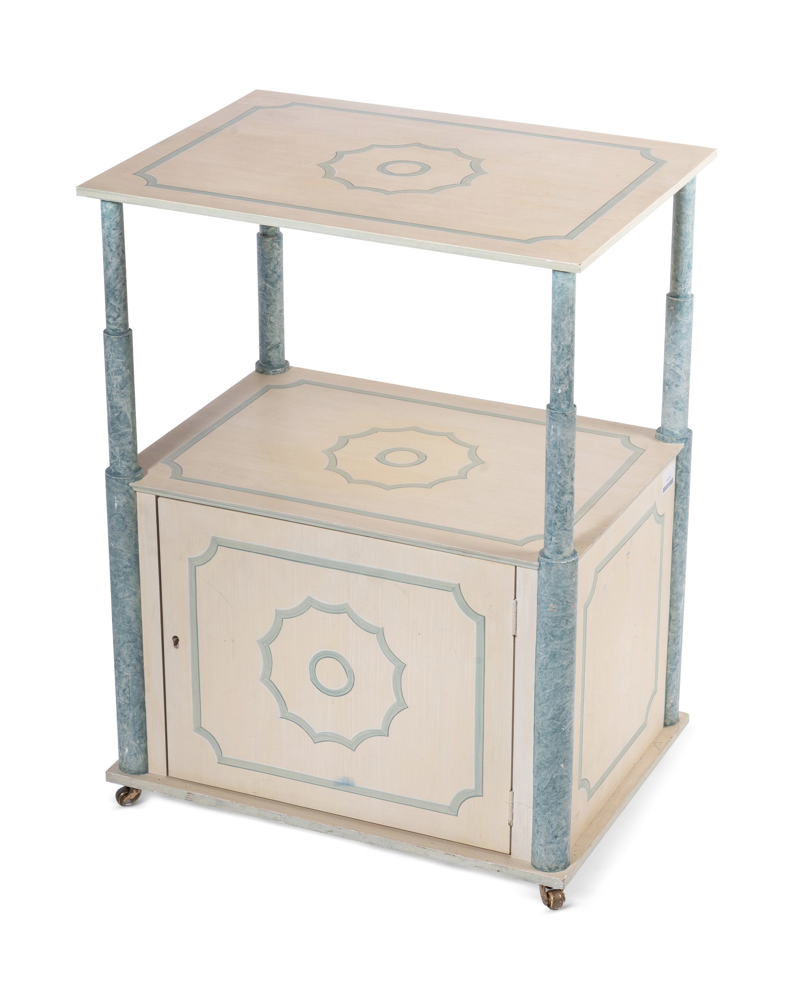 A PAINTED BEDSIDE TABLE, BY GEORGE OAKES FOR SIBYL COLEFAX & JOHN FOWLER, 20TH CENTURY: A BLUE AND WHITE PAINTED BEDSIDE TABLE BY GEORGE OAKES FOR SIBYL COLEFAX & JOHN FOWLER, LATE 20TH CENTURY 69cm high, 52cm wide, 38cm deep Condition Report Disclaimer