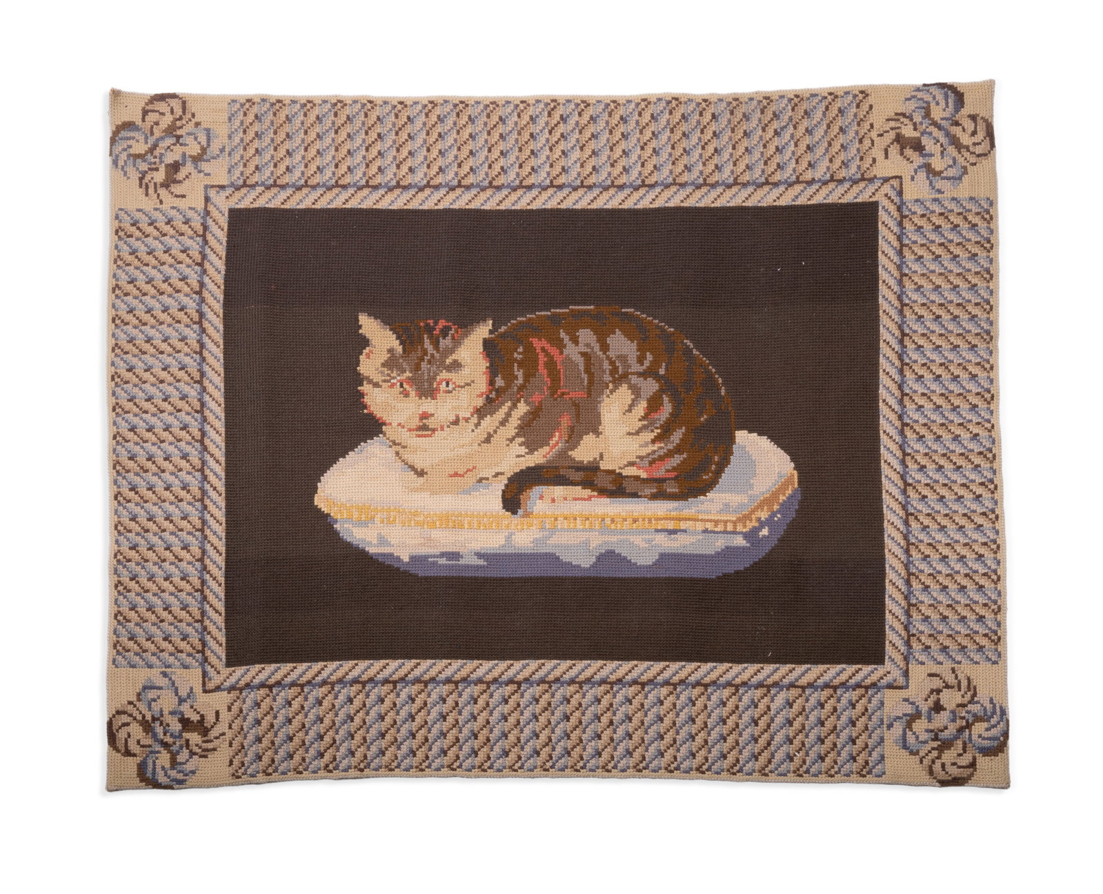 A CROSS-STITCH NEEDLEWORK RUG DEPICTING A CAT, HAND WOVEN IN PORTUGAL, LATE 20TH CENTURY (1 of 2)