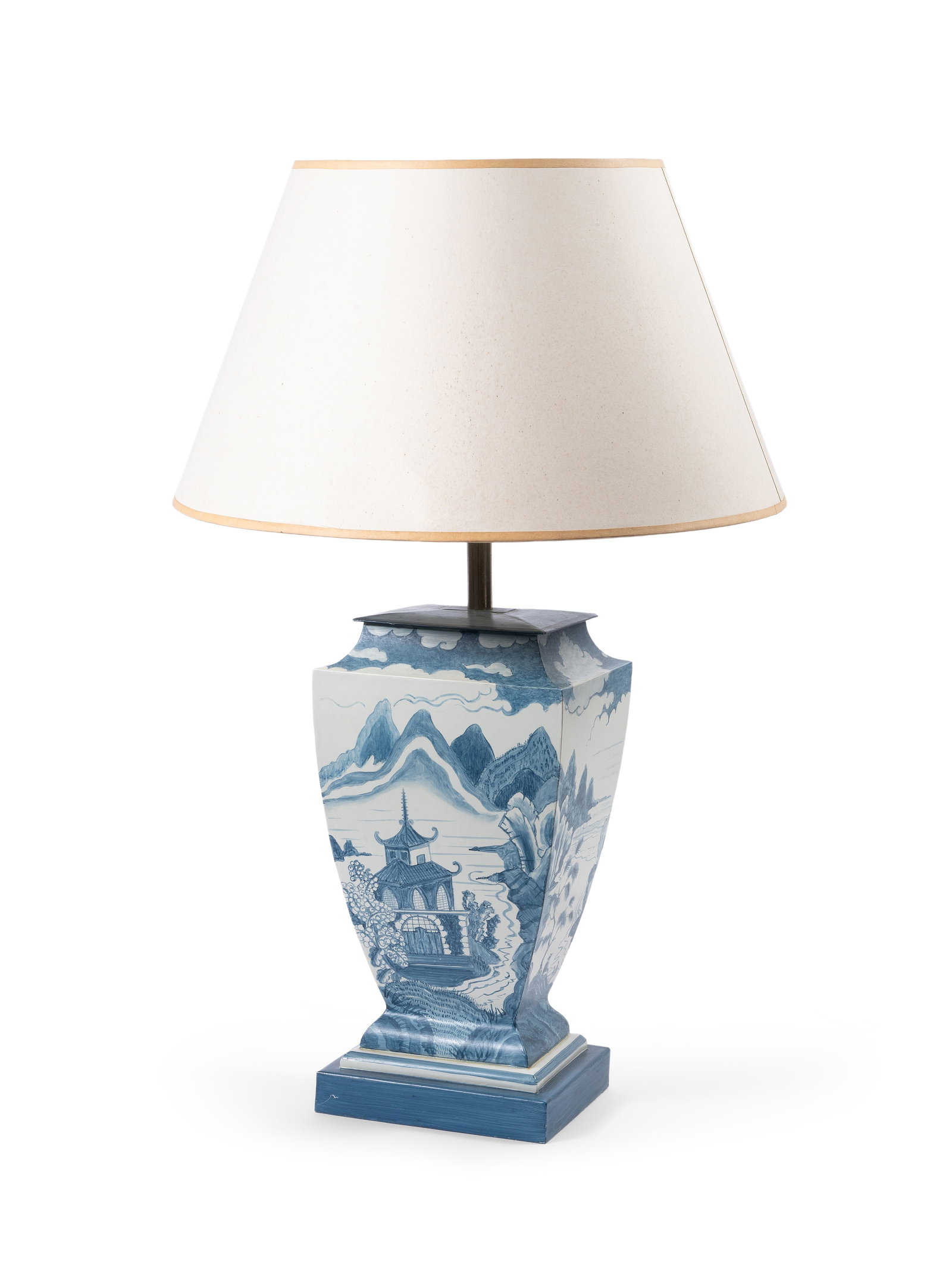 A BLUE AND WHITE CHINOISERIE PAINTED TOLE TABLE LAMP, PAINTED BY GEORGE OAKES, LATE 20TH CENTURY (1 of 1)