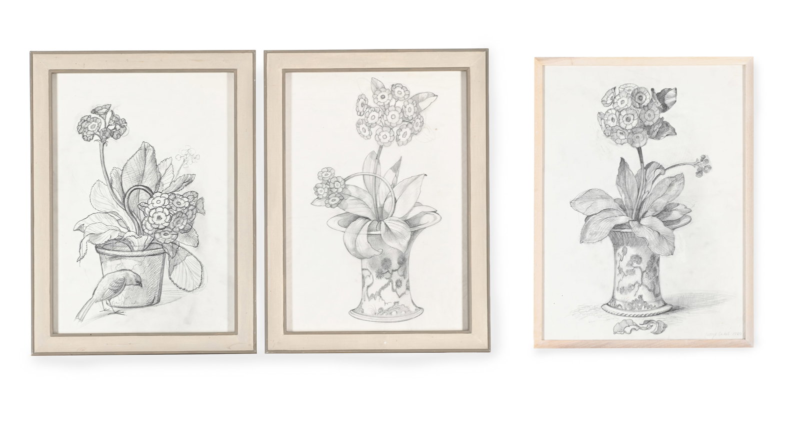 λ GEORGE OAKES (BRITISH 1927-2017), THREE PREPARATORY SKETCHES OF FLOWER DESIGNS: λ GEORGE OAKES (BRITISH 1927-2017) THREE PREPARATORY SKETCHES OF FLOWER DESIGNS Pencil One signed and dated 1980 (lower right) 50 x 37cm (19½ x 14½in.) Two in George Oakes frames