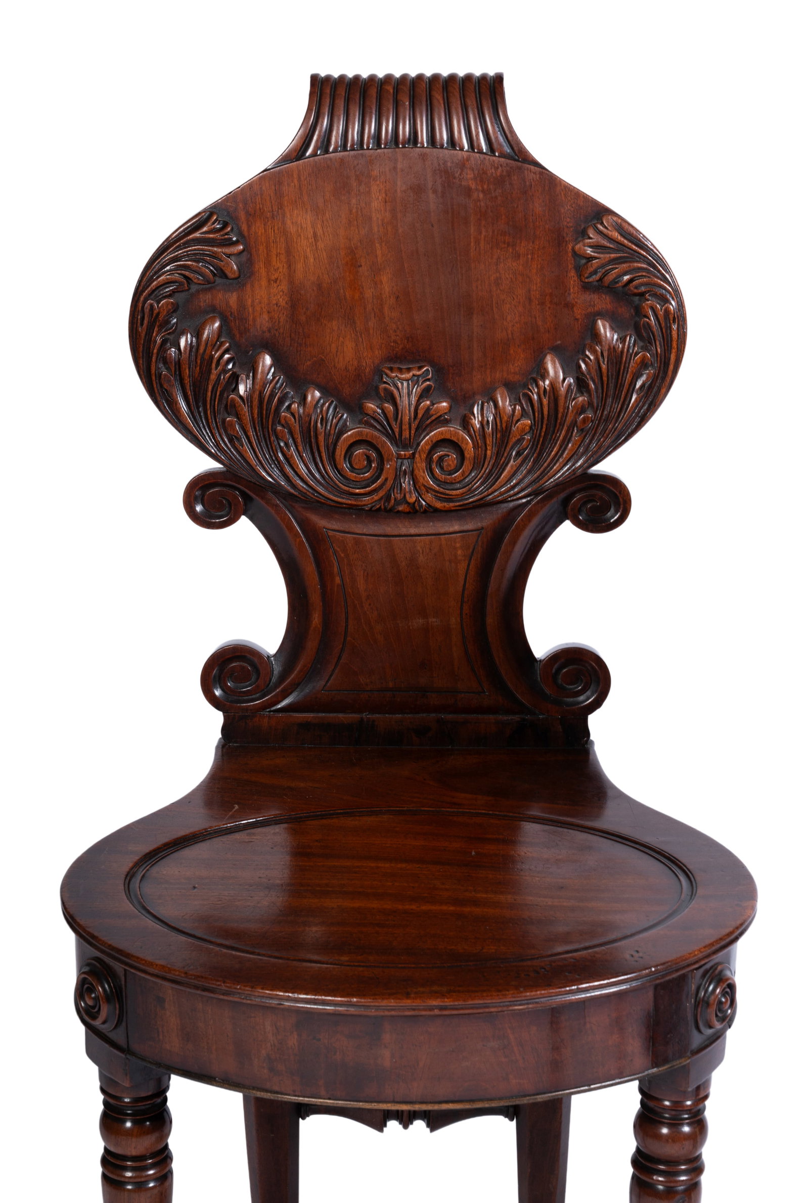 A PAIR OF REGENCY MAHOGANY HALL CHAIRS, CIRCA 1815 - 2