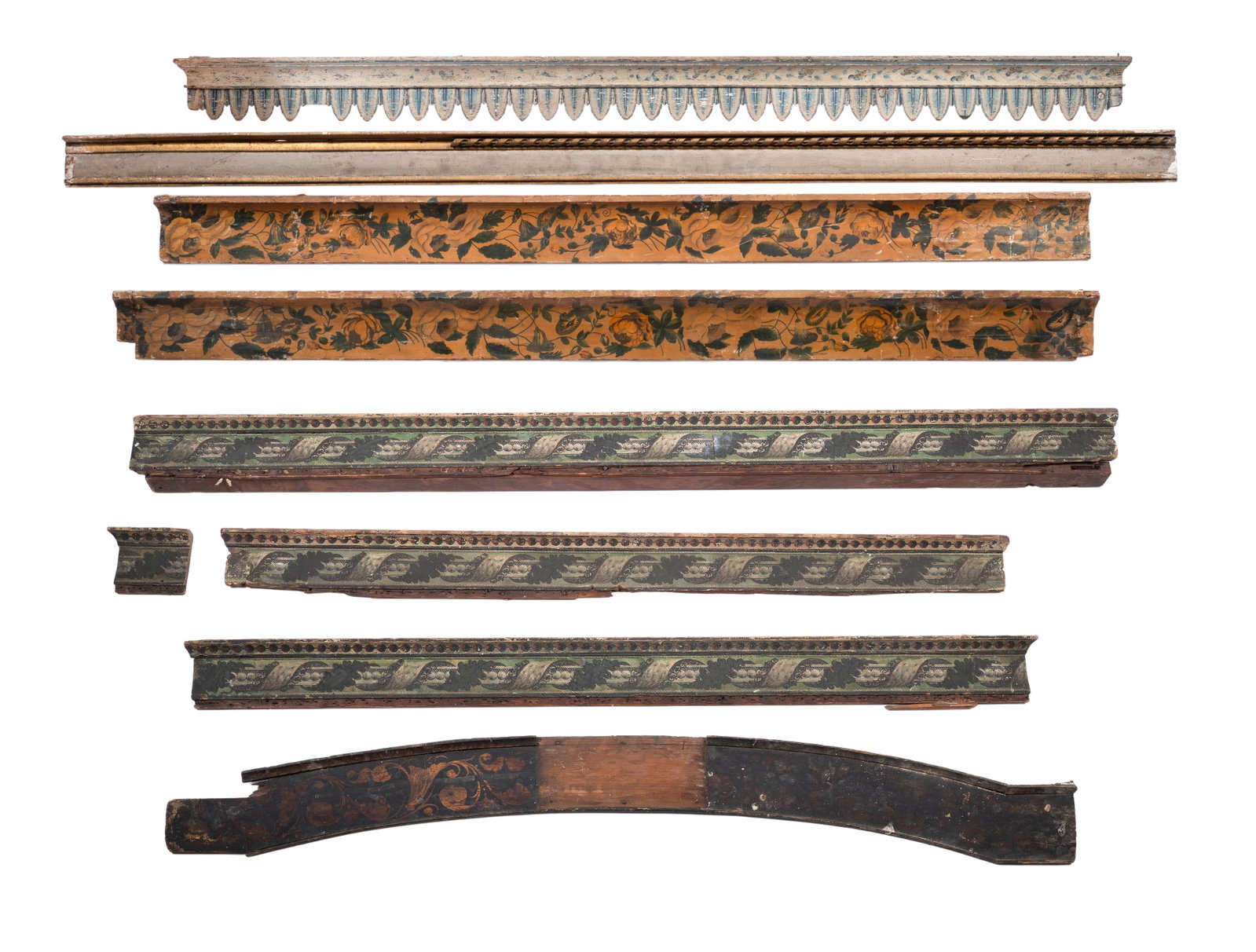 EIGHT SECTIONS OF GEORGE III PAINTED AND WALLPAPER DECORATED BED PELMETS, LATE 18TH CENTURY: EIGHT SECTIONS OF GEORGE III PAINTED AND WALLPAPER DECORATED BED PELMETS LATE 18TH CENTURY Including three conforming sections, two conforming sections, an arched section and two other individual