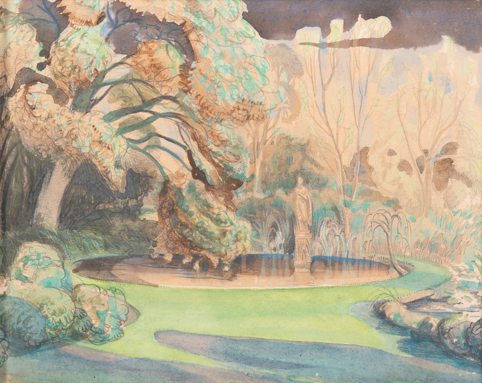 BRITISH SCHOOL (20TH CENTURY), A POND IN A GARDEN - 2
